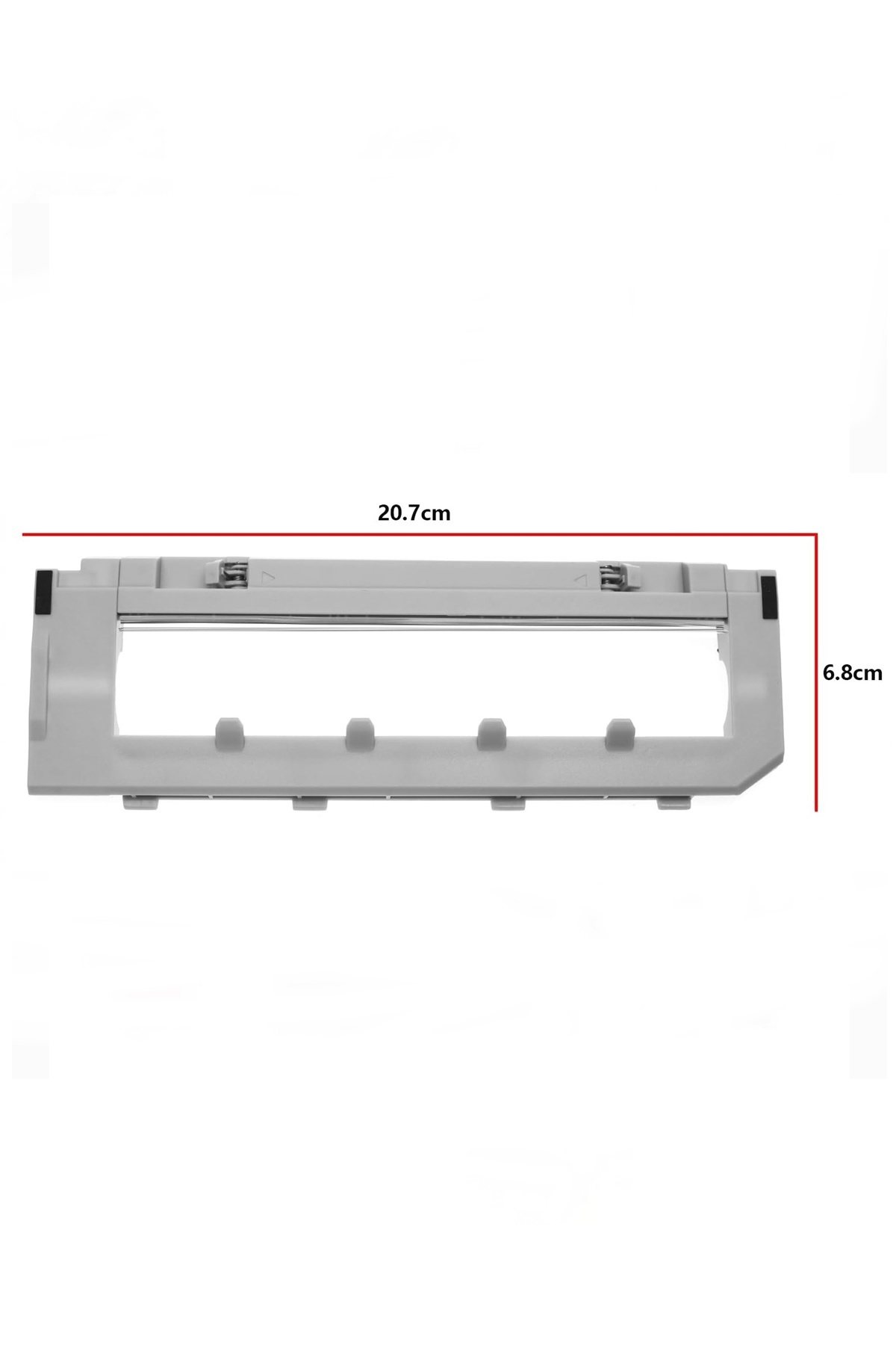 Beyaz arkaplanda 20.7cm ye 6.8cm boyutlarında gri elektrikli süpürge fırça kapağı.