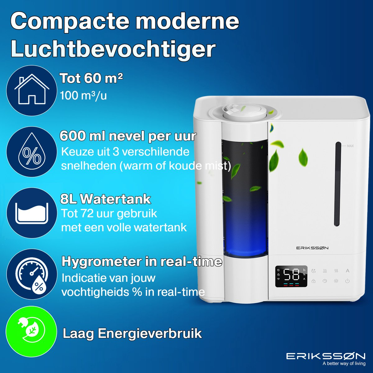 Weißer Luftbefeuchter mit blauem Wassertank, digitaler Anzeige und Funktionssymbolen vor blauem Hintergrund.