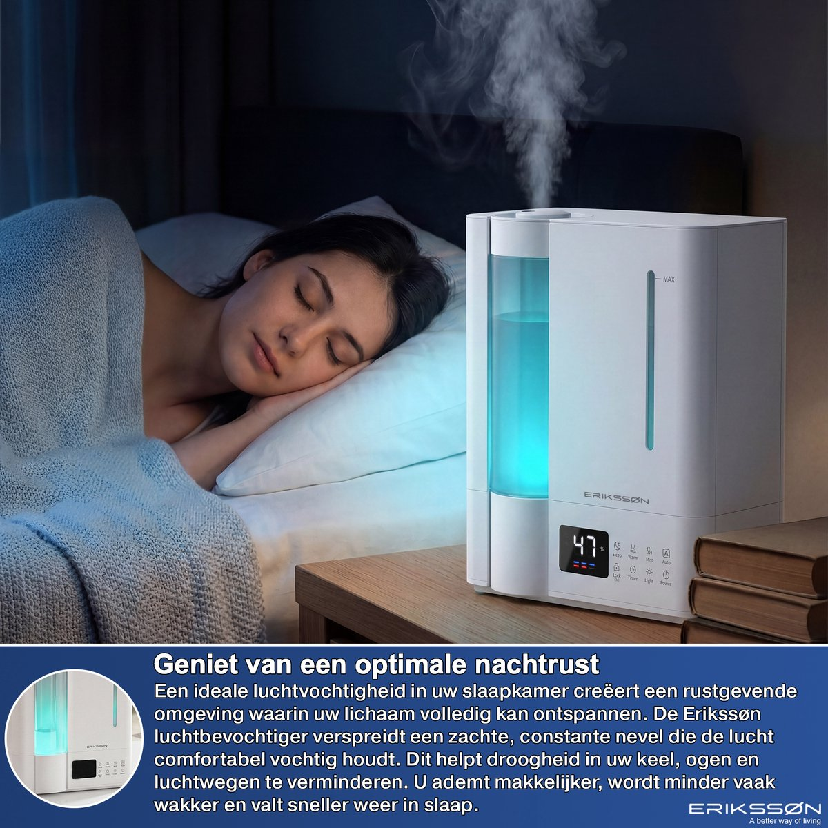 Ein weißer Luftbefeuchter mit blauem Licht steht auf einem Nachttisch, während eine Frau friedlich im Bett schläft.