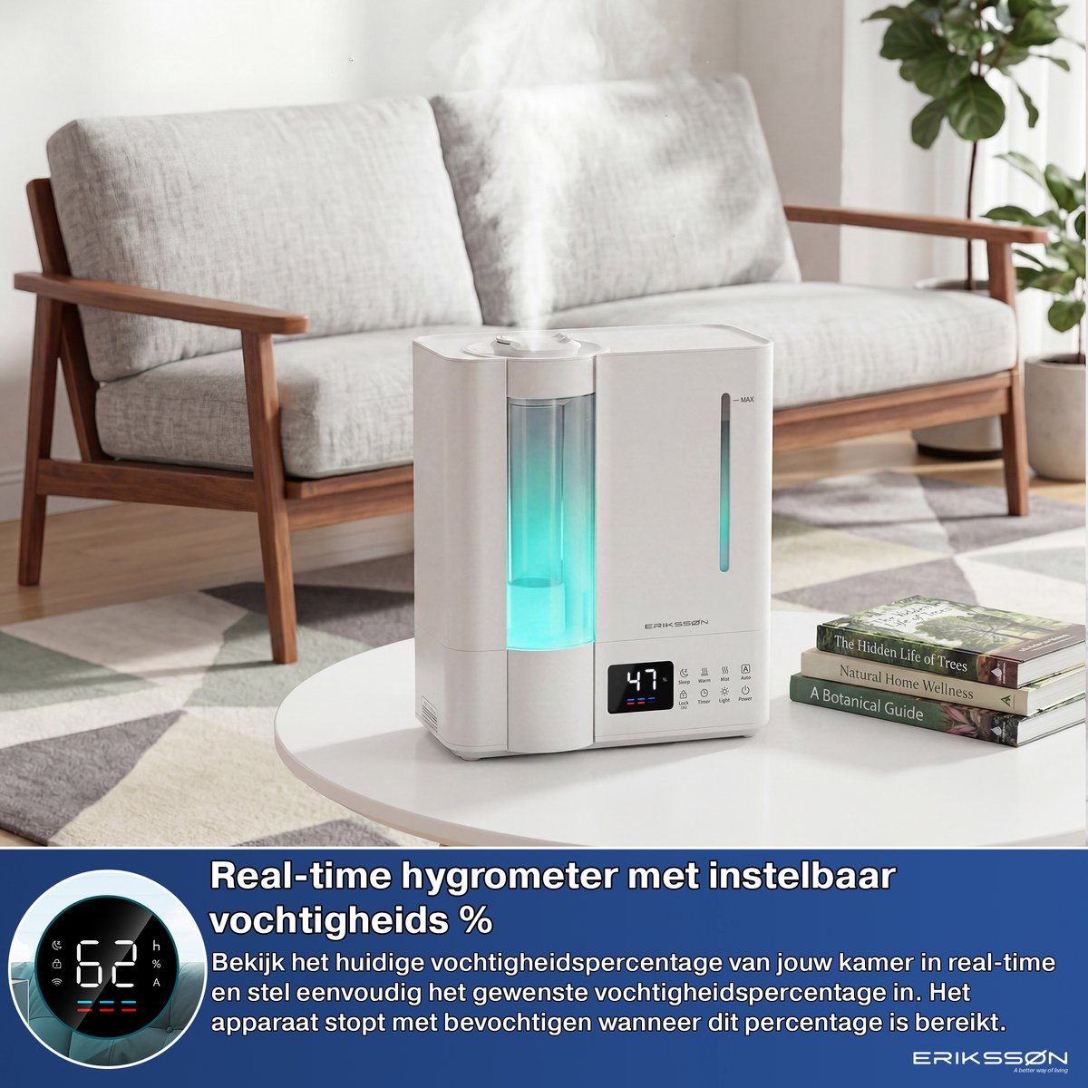 Weißer Luftbefeuchter mit blau leuchtendem Wassertank auf einem Couchtisch im Wohnzimmer.