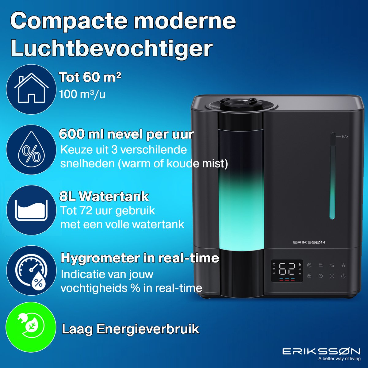 Schwarzer Erikssøn Luftbefeuchter mit Wassertank, LED-Anzeige und blauen Infografiken auf blauem Hintergrund.