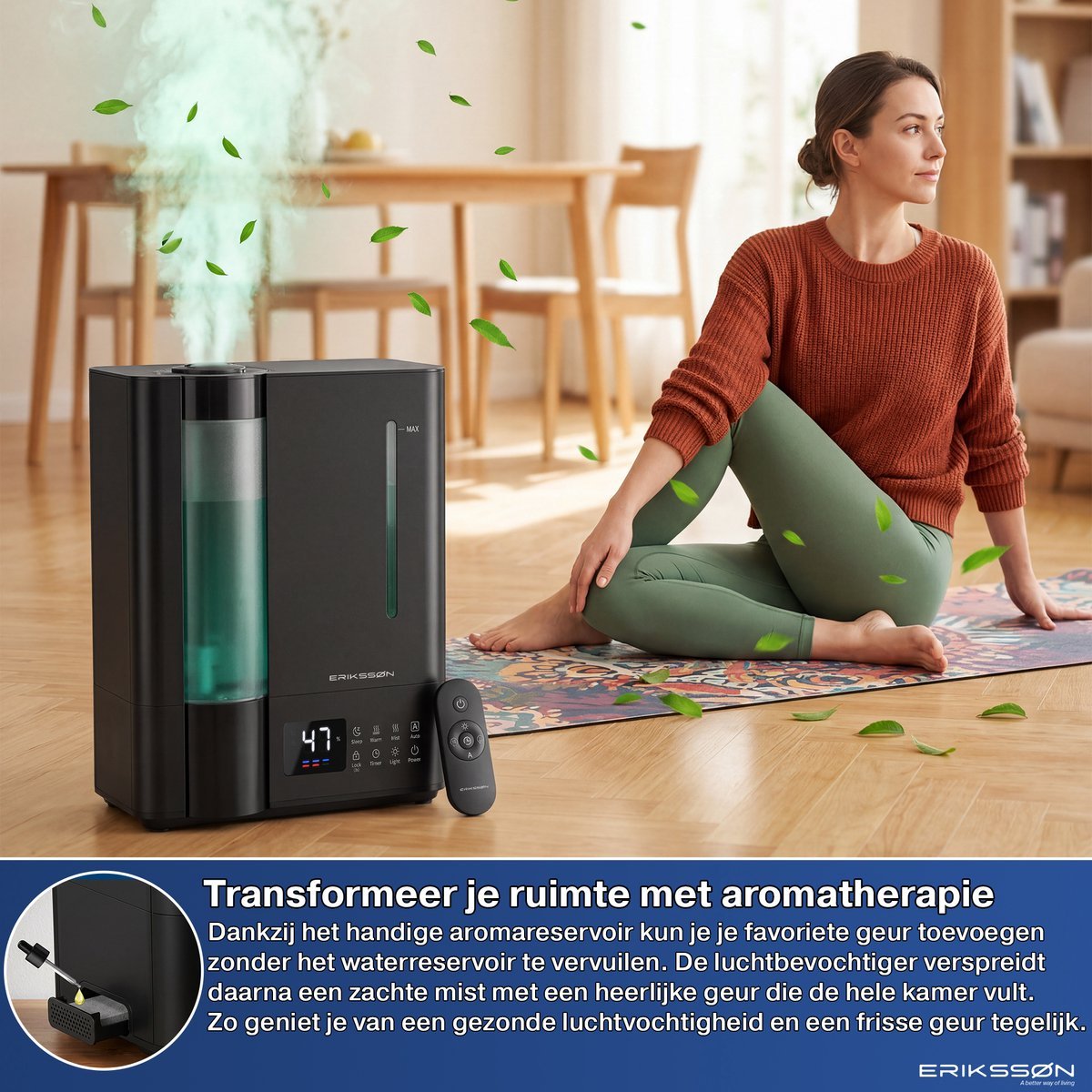 Eine Frau macht Yoga neben einem schwarzen Luftbefeuchter, der frischen Nebel und Blätter im Raum verteilt.