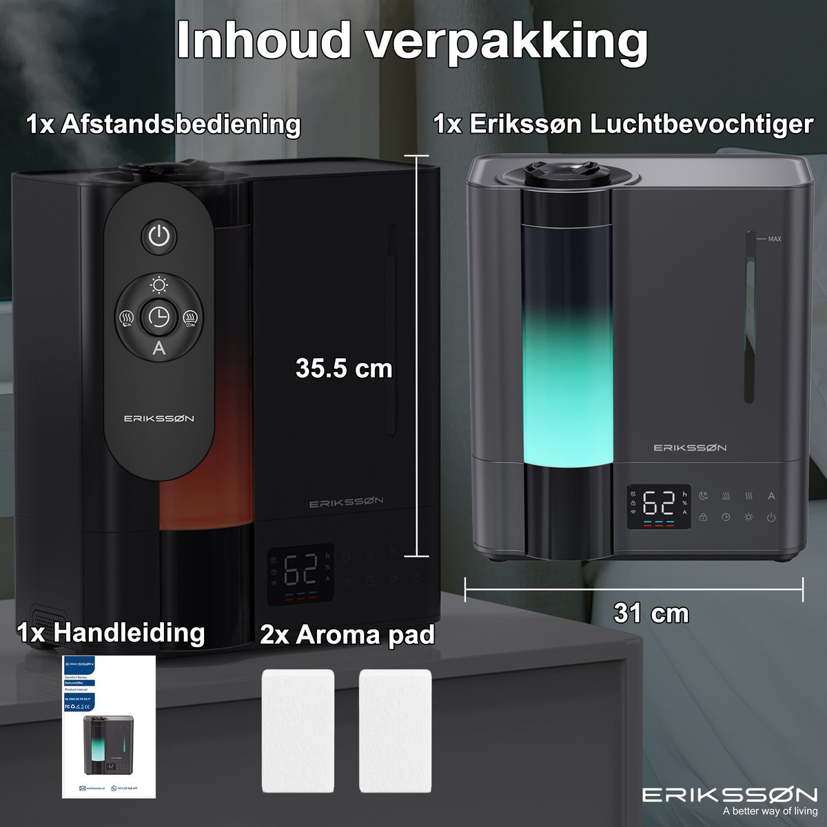 Produktinhalt: 1 Luftbefeuchter, 1 Fernbedienung, 1 Handbuch, 2 Aroma-Pads mit Abmessungen.