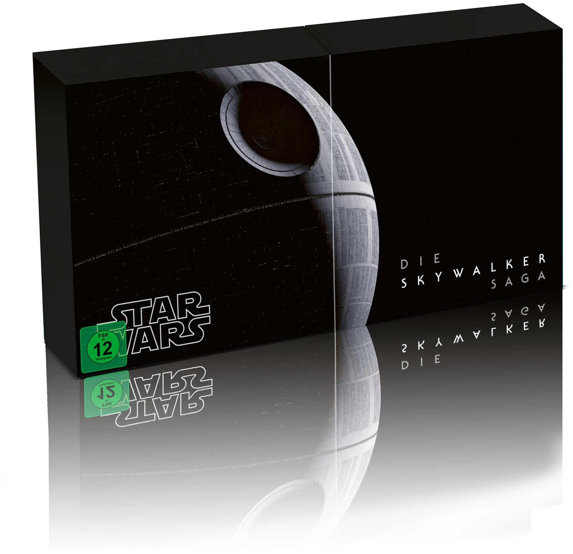 Schwarze Star Wars Die Skywalker Saga Box mit Todesstern-Grafik.