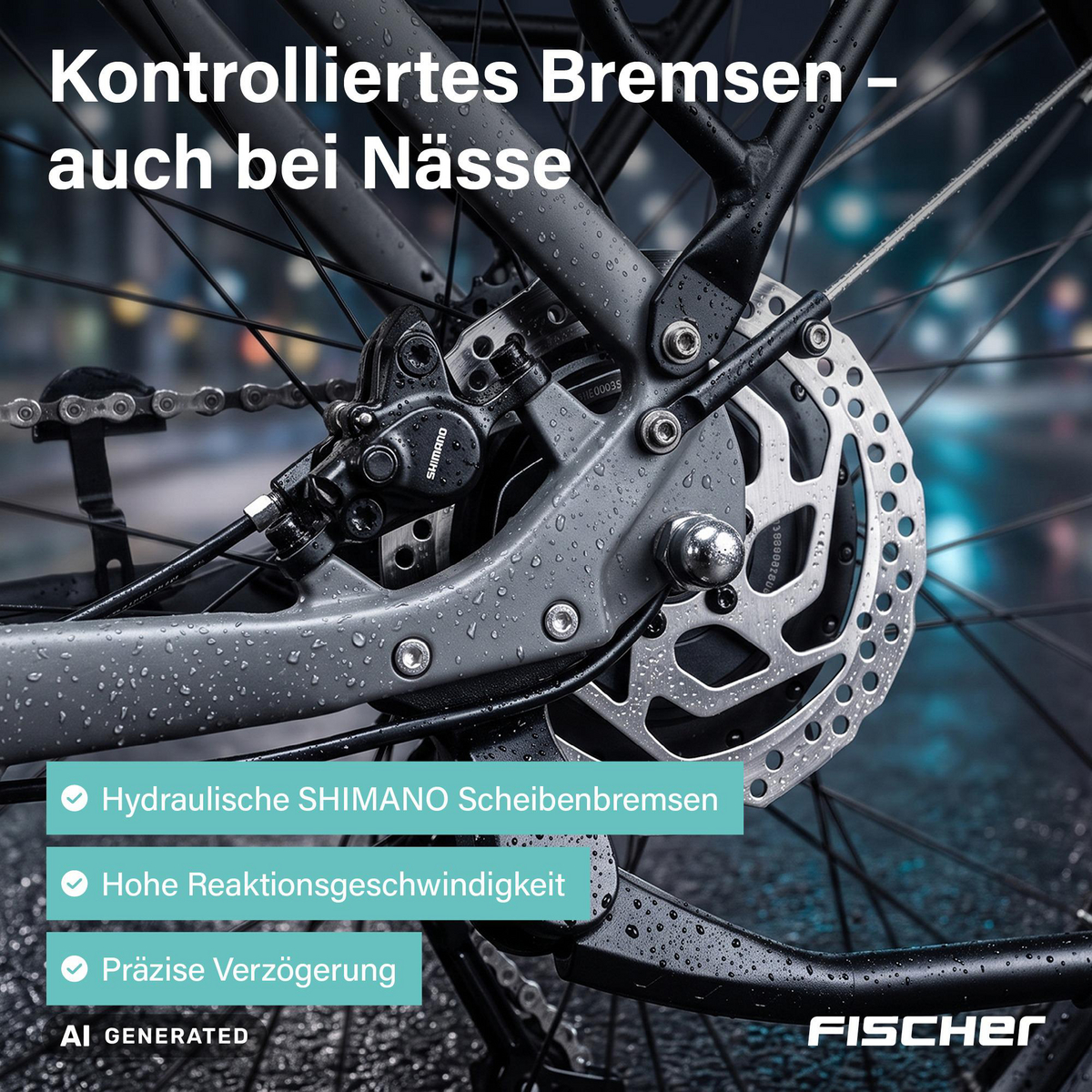 Nahaufnahme einer nassen SHIMANO Scheibenbremse an einem Fahrradrahmen mit Text.