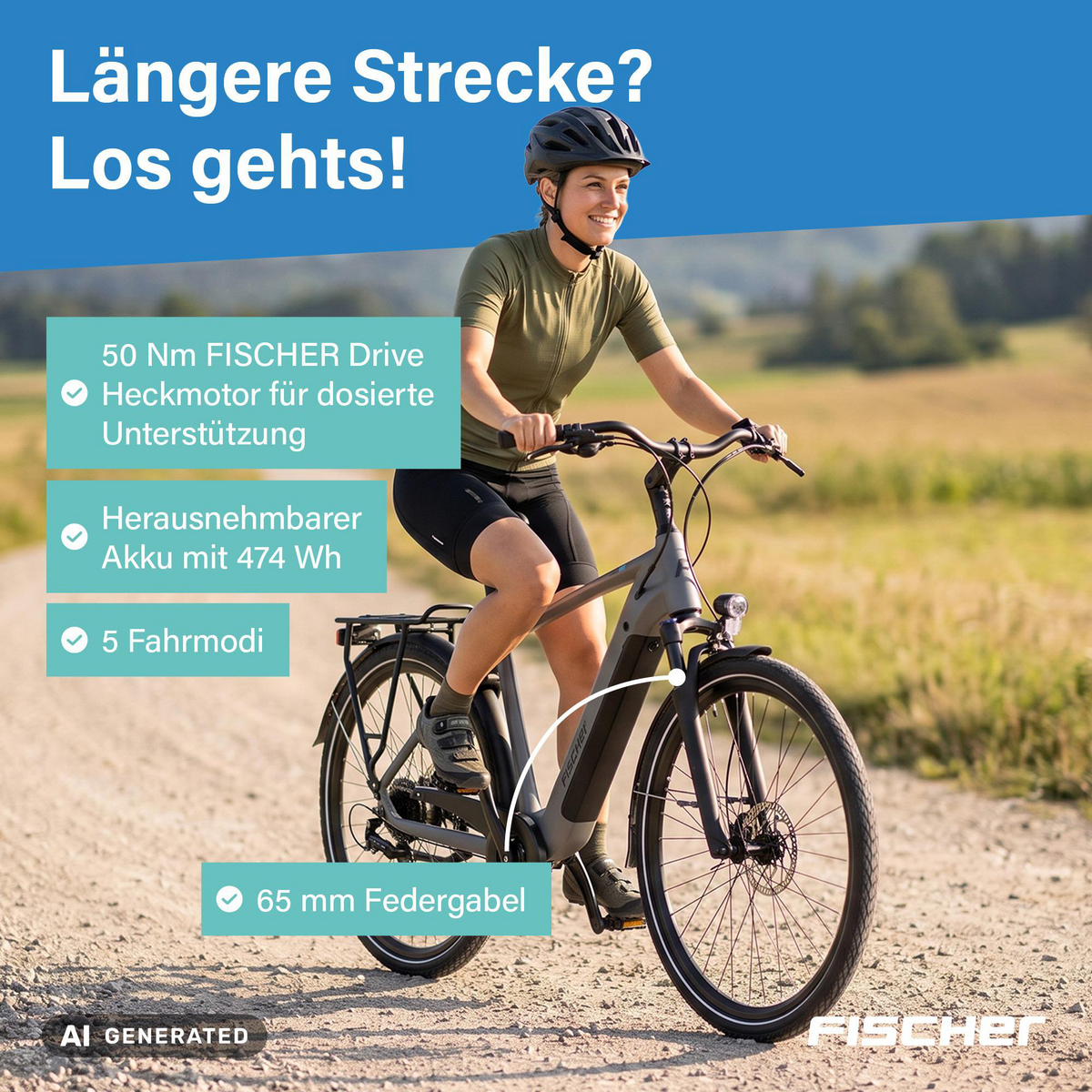 Eine Frau fährt ein graues E-Bike auf einem Feldweg und lächelt, mit Infotexten im Bild.