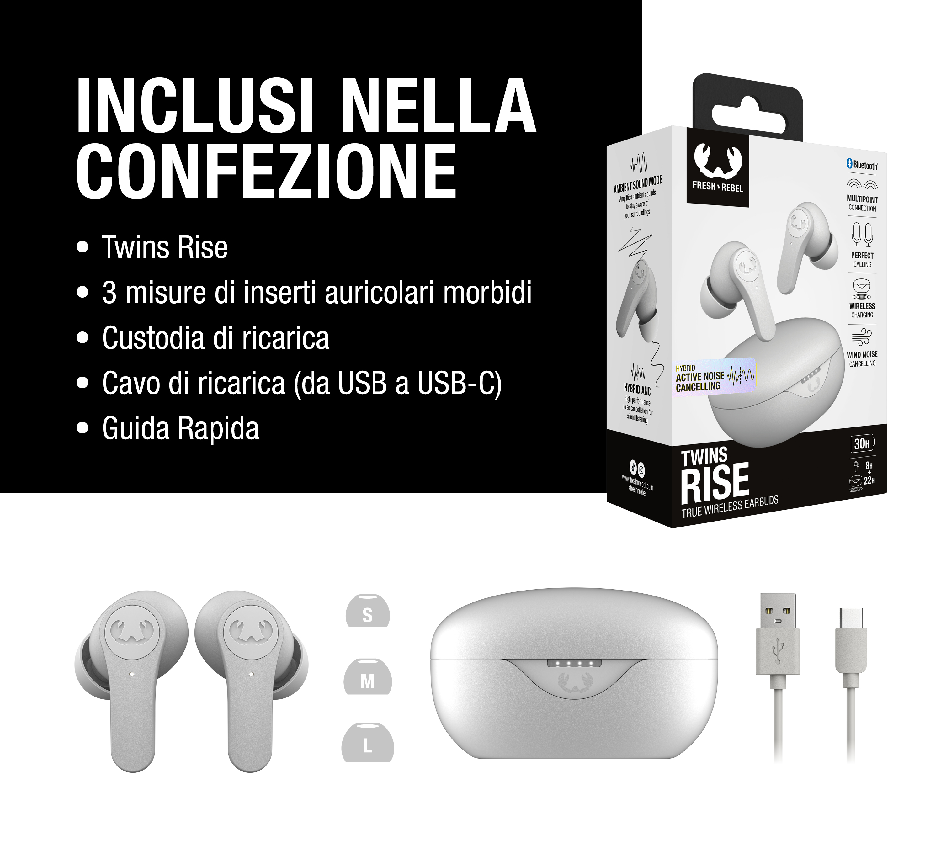 Contenuto confezione auricolari Twins Rise, custodia di ricarica, cavo e manuali.
