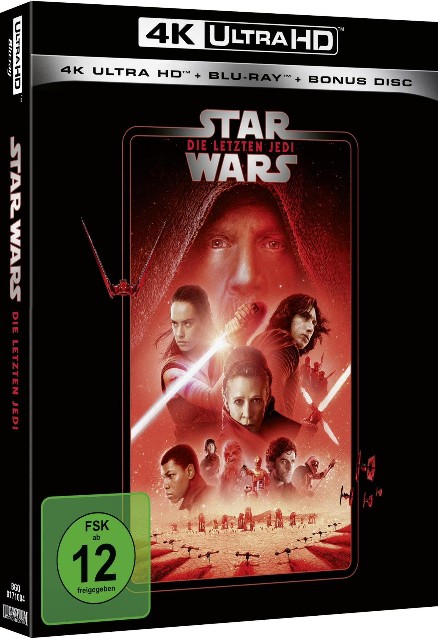 Star Wars: Die letzten Jedi 4K Ultra HD Blu-ray Cover mit Hauptcharakteren in Rot.
