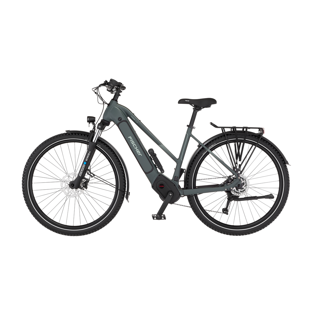 Dunkelgraues Fischer E-Trekkingrad mit Vorderradfederung, Gepäckträger und Scheiben bremsen.