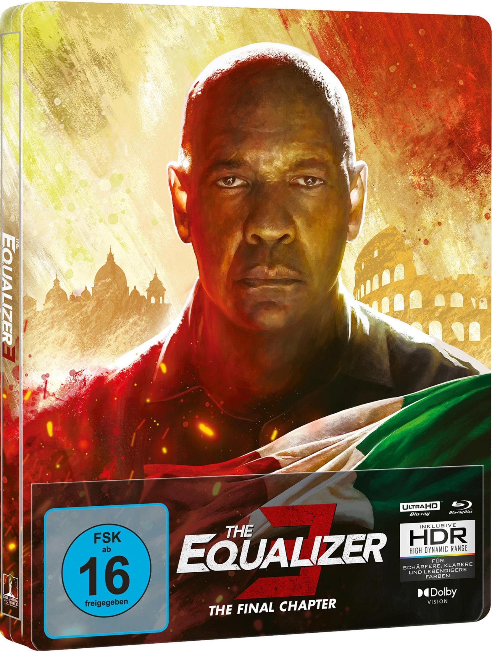 Denzel Washington im Vordergrund vor einem italienischen Hintergrund, mit FSK-16-Logo und dem Titel "The Equalizer 3".