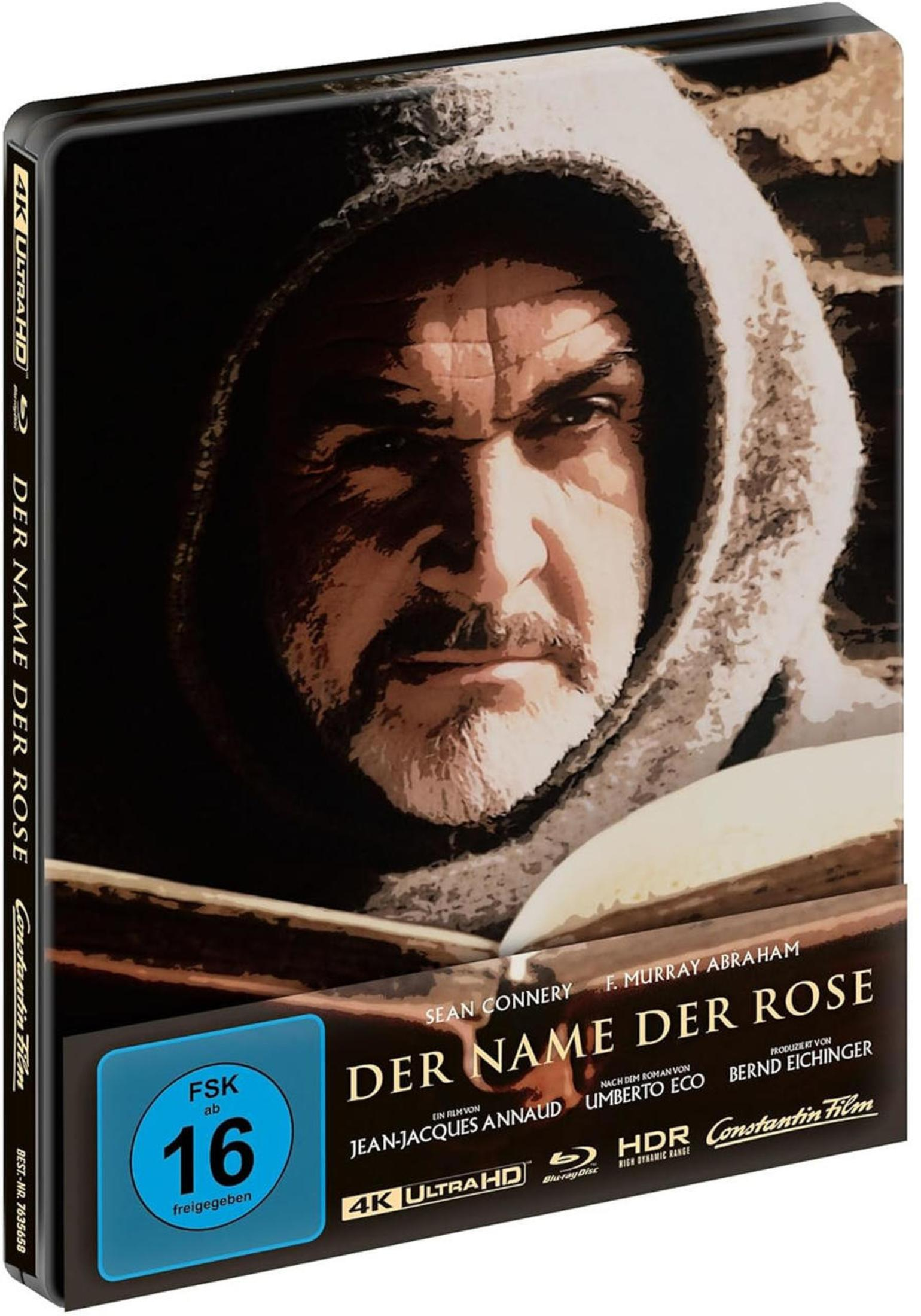 Der Name der Rose 4K UHD Steelbook Cover mit Sean Connery in einer Mönchskapuze beim Lesen.