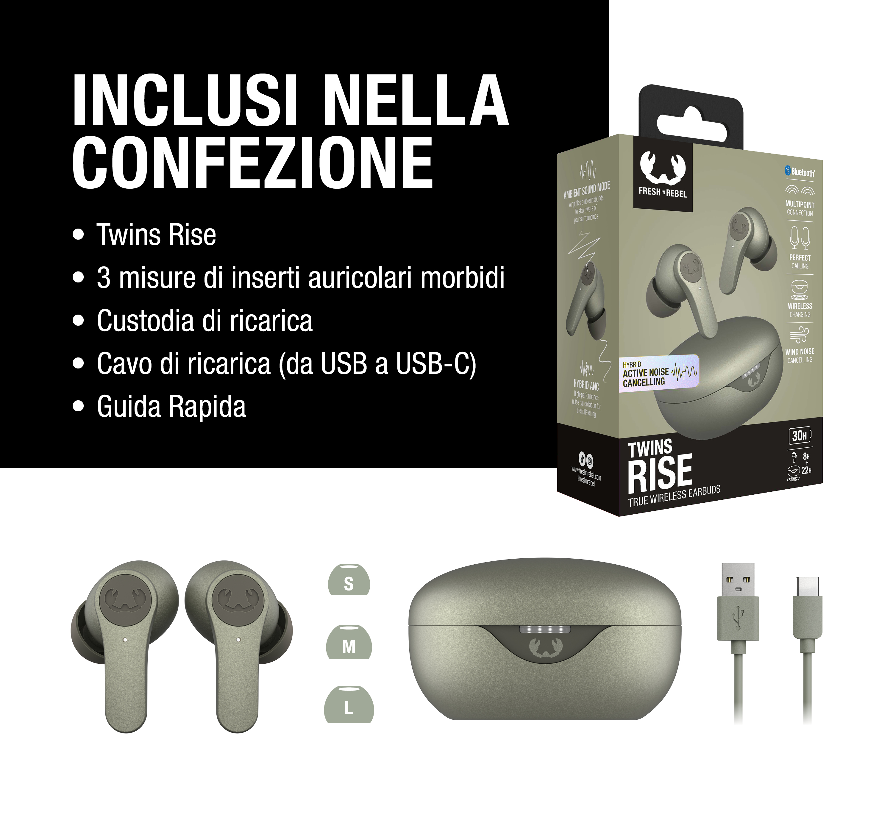 Contenuto della confezione Twins Rise: auricolari, cuscinetti, custodia, cavo USB-C e guida rapida.