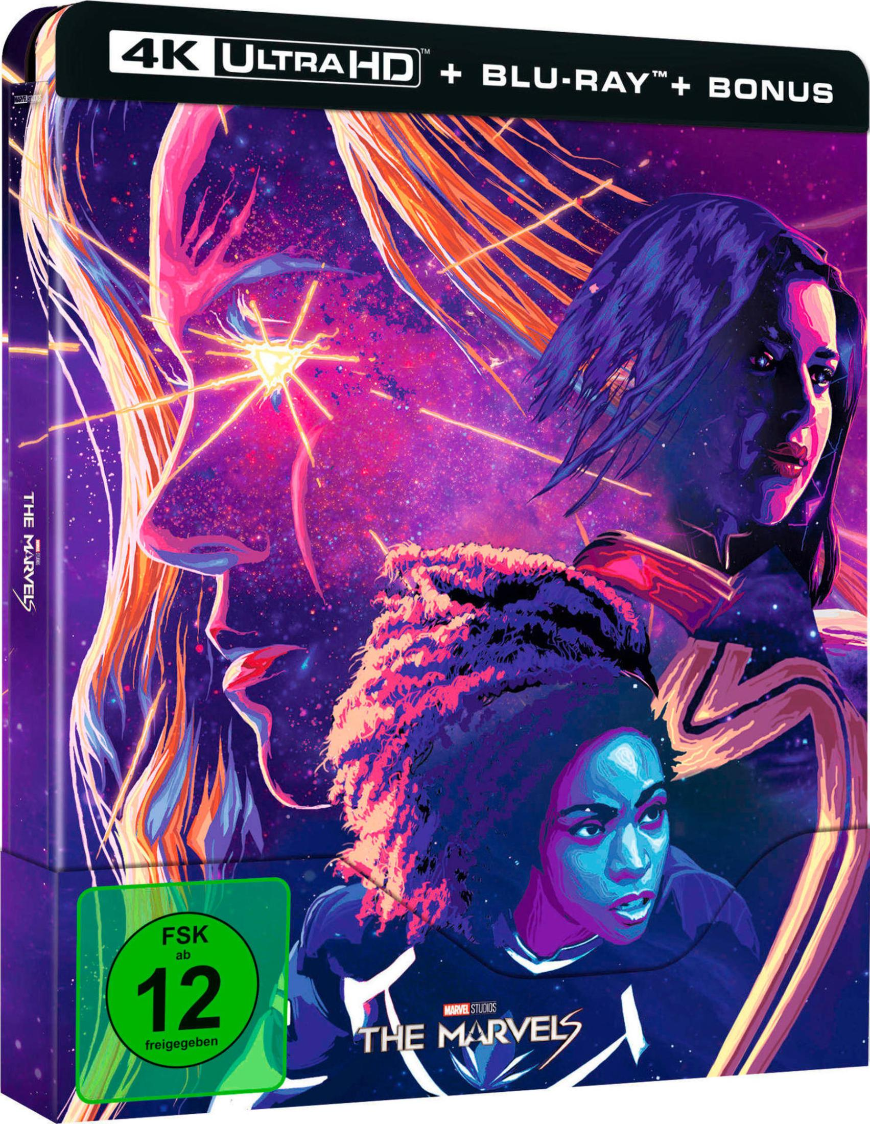 The Marvels 4K Ultra HD Blu-ray Steelbook mit farbenfroher Weltraumszene und Charakteren.