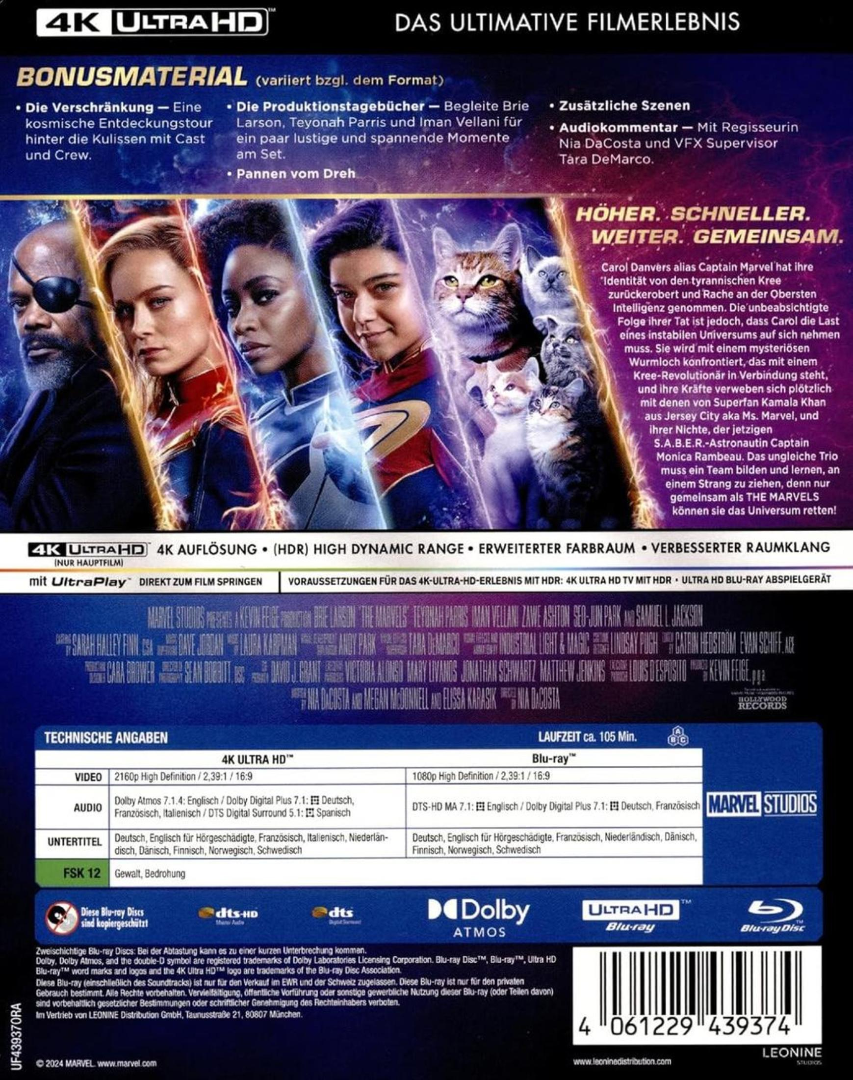 Rückseite einer 'The Marvels' 4K Ultra HD Blu-ray Hülle mit Charakteren, Texten und technischen Angaben.