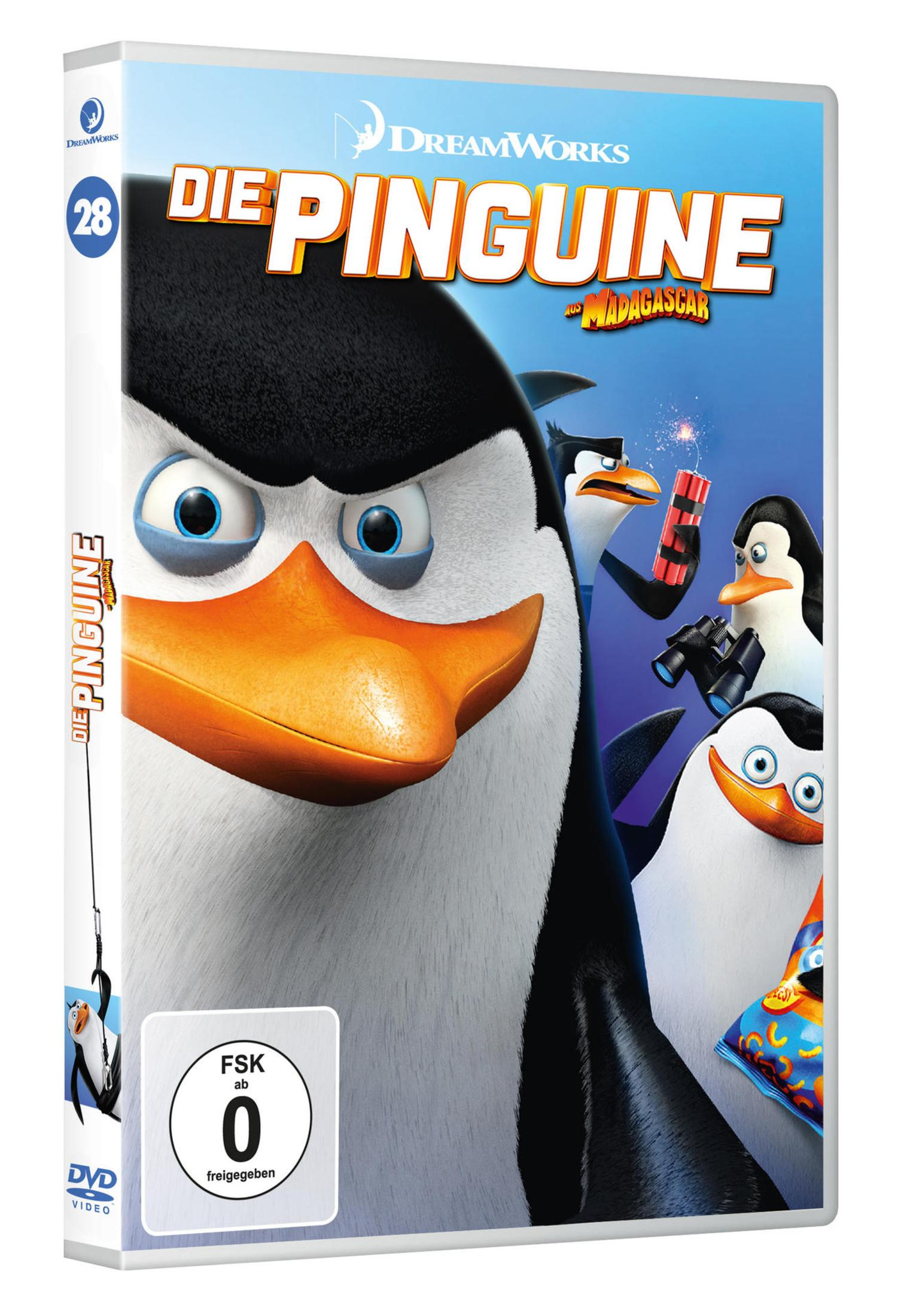DVD-Hülle der Pinguine aus Madagascar mit vier animierten Pinguinen, einer hält Dynamit vor blauem Himmel.