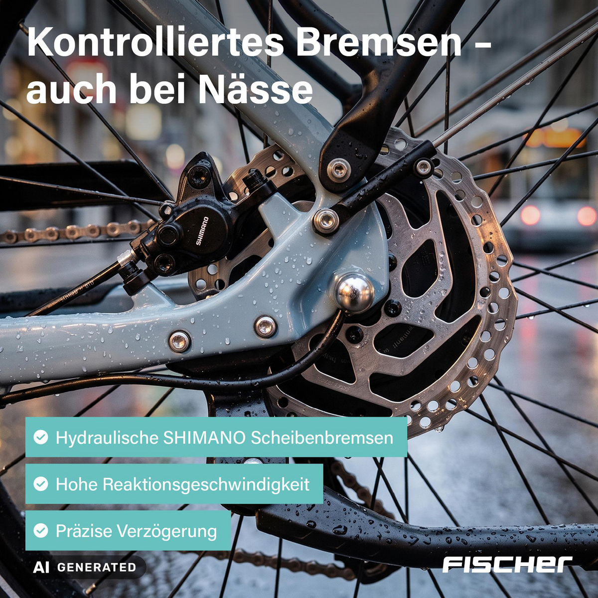 Fahrrad-Scheibenbremse mit hydraulischem Shimano-Bremssattel an nassem Rahmen.
