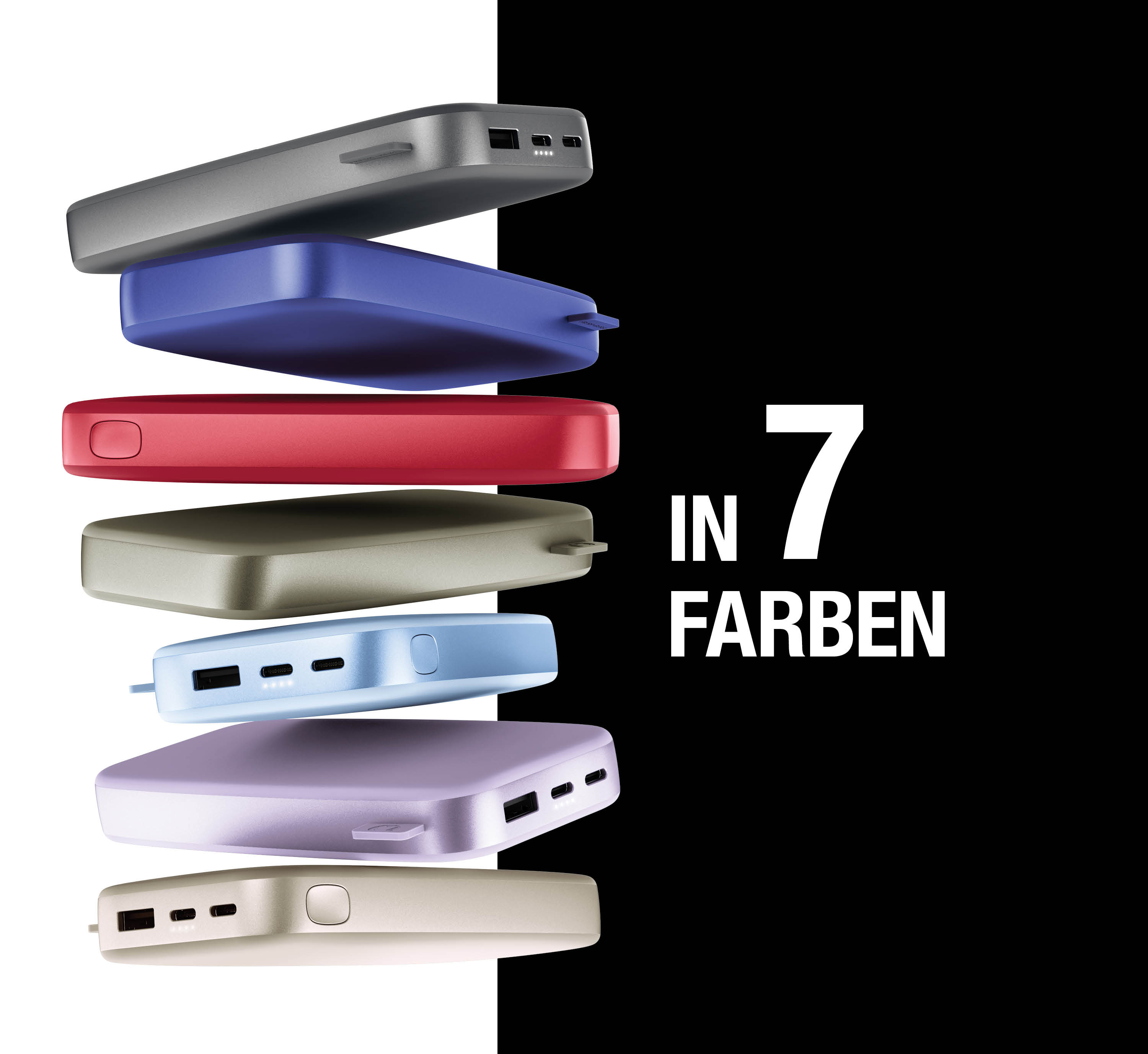Sette power bank colorati fluttuano verticalmente l'uno sull'altro su uno sfondo bianco e nero.