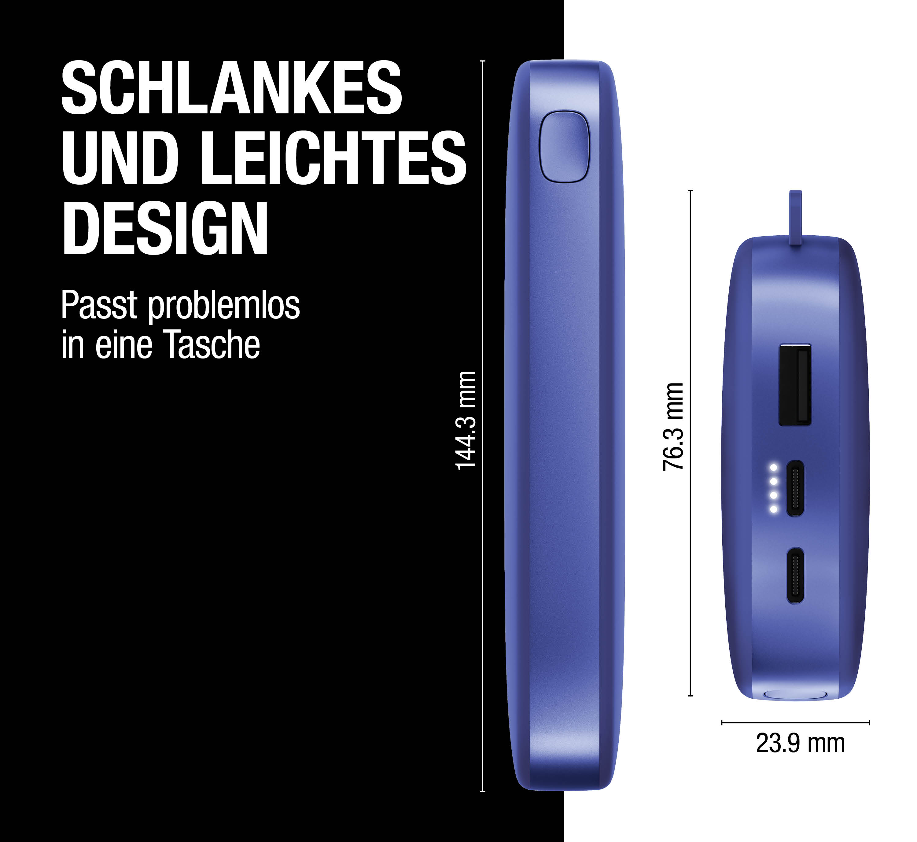 Power bank blu con dimensioni e testo in tedesco.