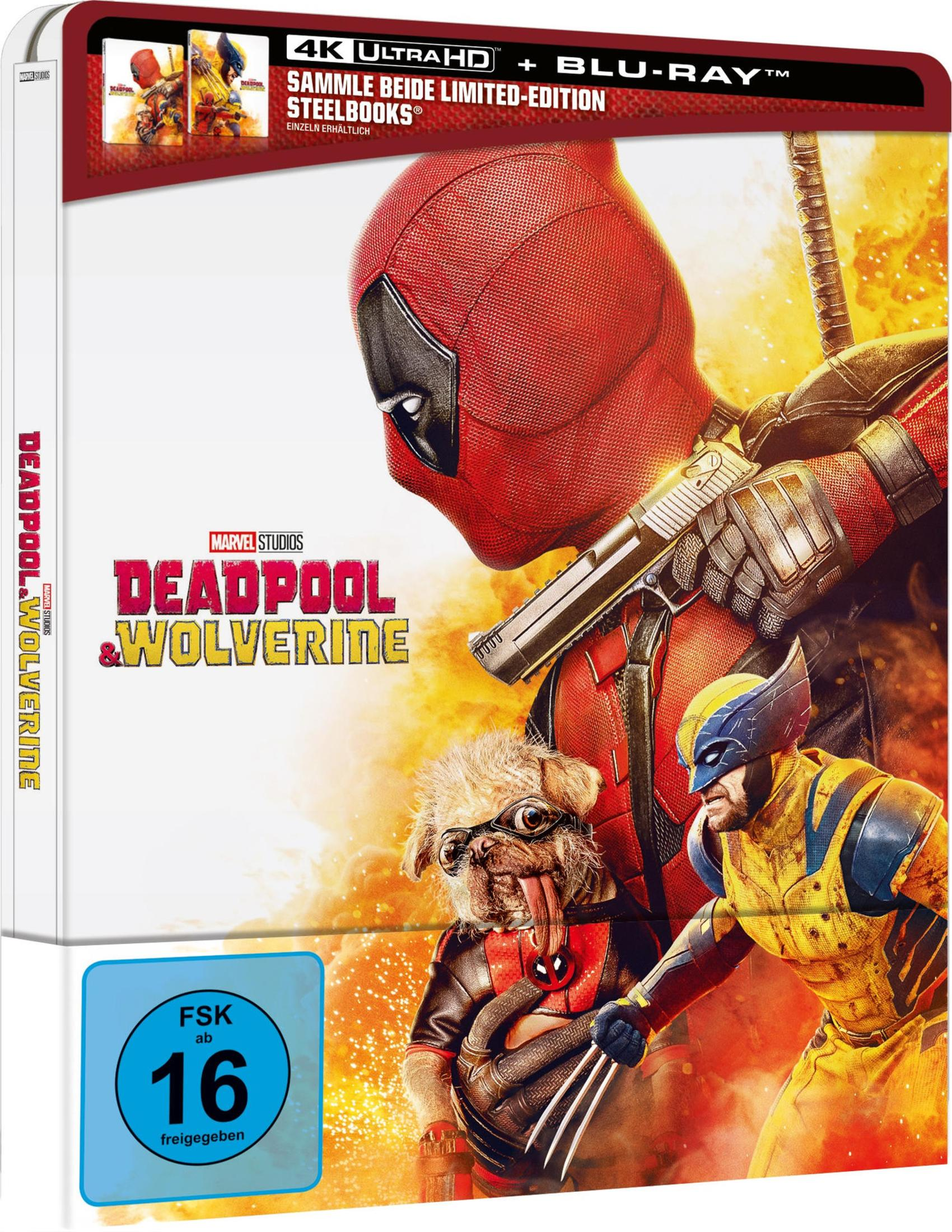 Deadpool, Wolverine und ein Hund in Kostümen auf einer 4K Ultra HD Blu-ray Hülle vor Feuerschein.