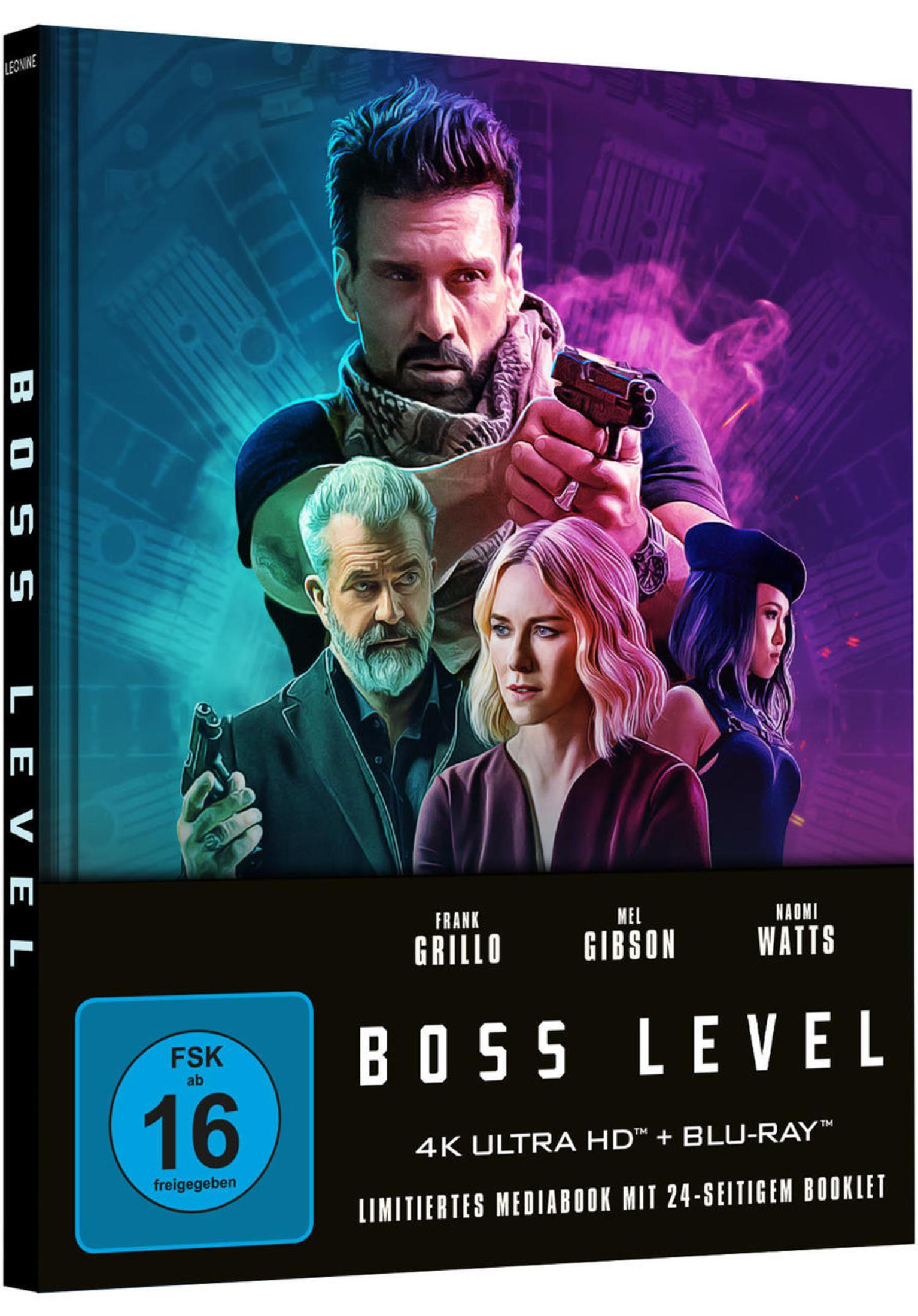 Filmcover von Boss Level mit Frank Grillo, Mel Gibson und Naomi Watts vor blau-violettem Hintergrund.