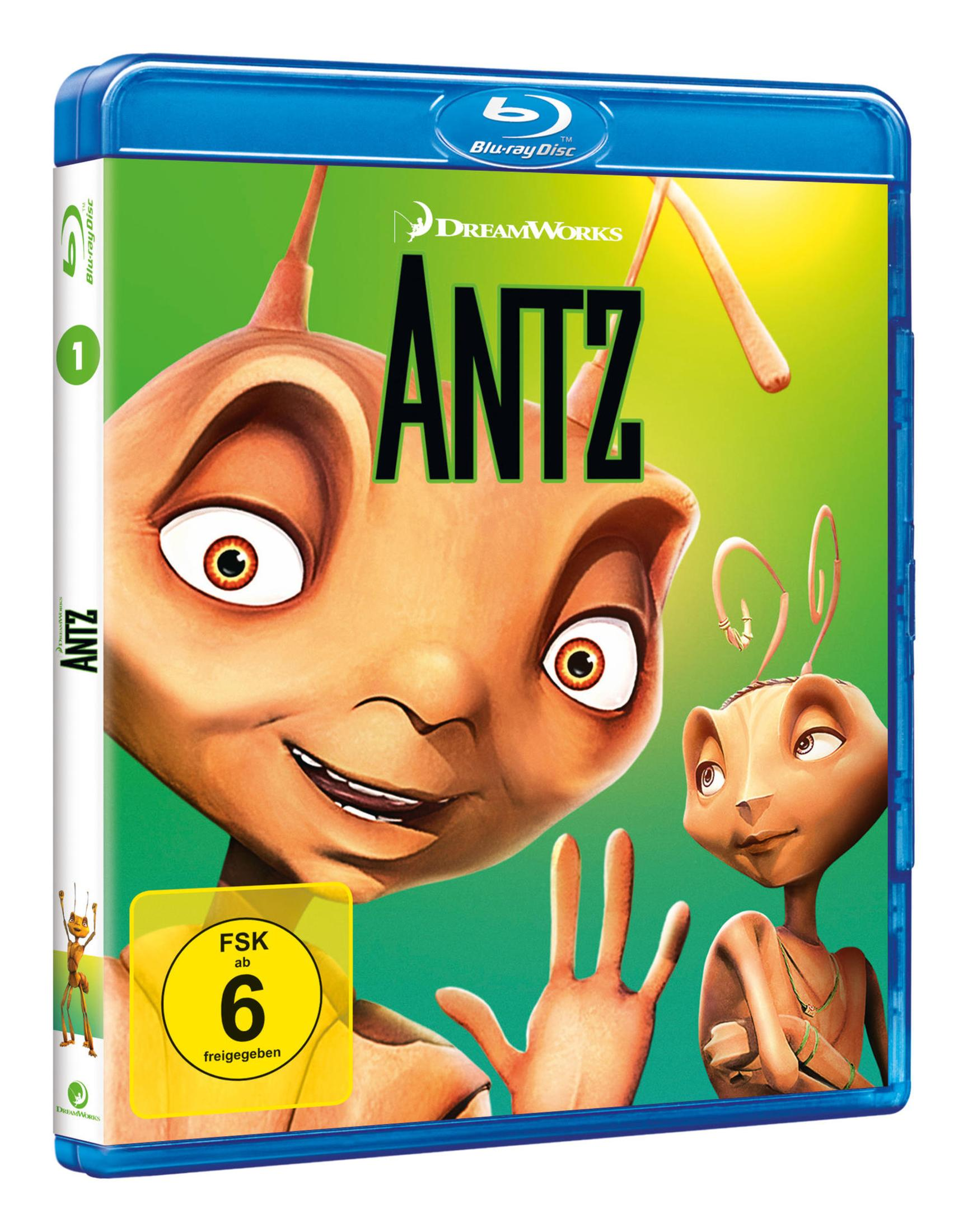 Blu-ray-Hülle des Animationsfilms Antz mit zwei cartoonhaften Ameisen vor grüner Hintergrund.