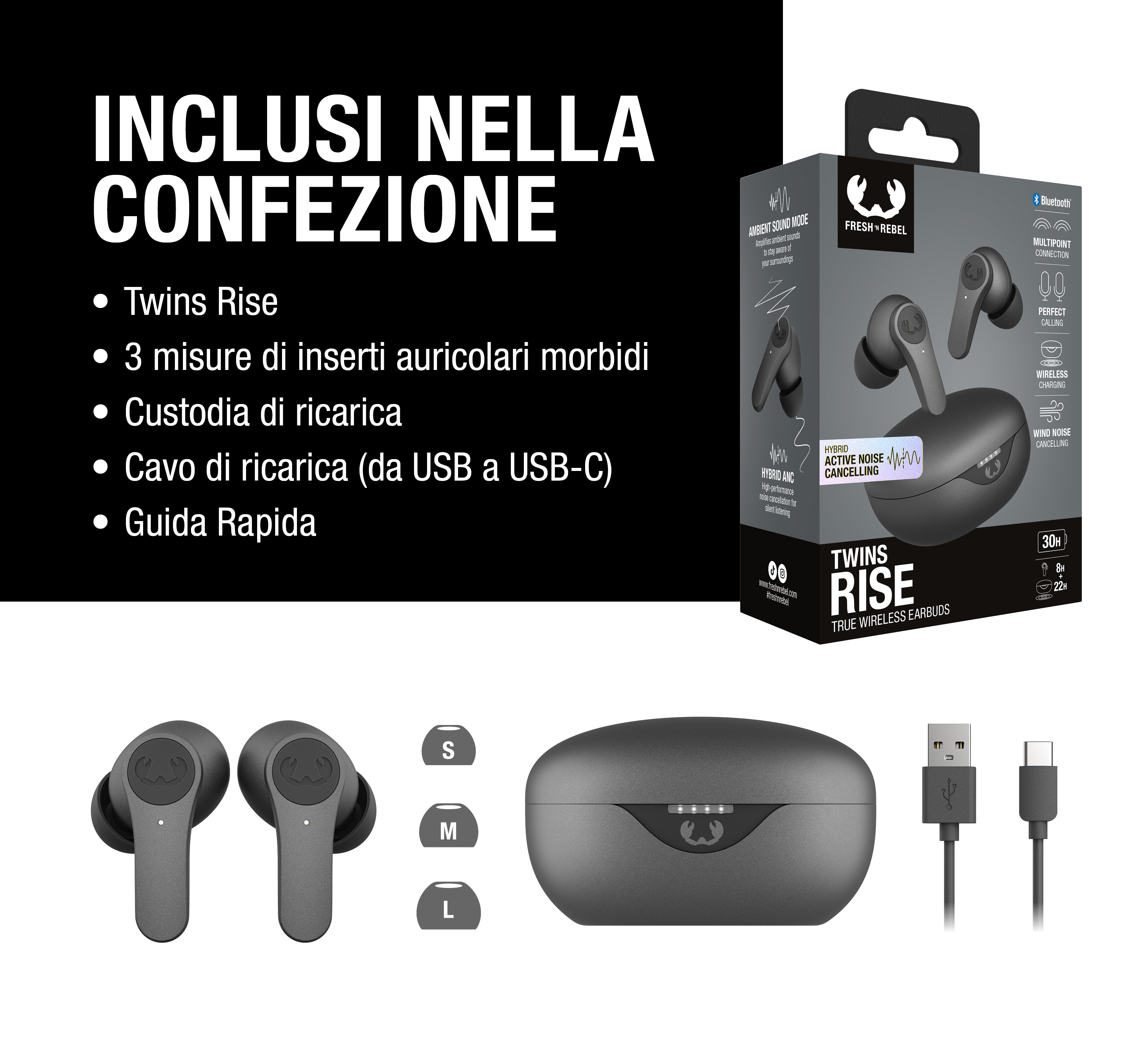 Contenuto della confezione degli auricolari wireless Fresh 'n Rebel Twins Rise con custodia e accessori.