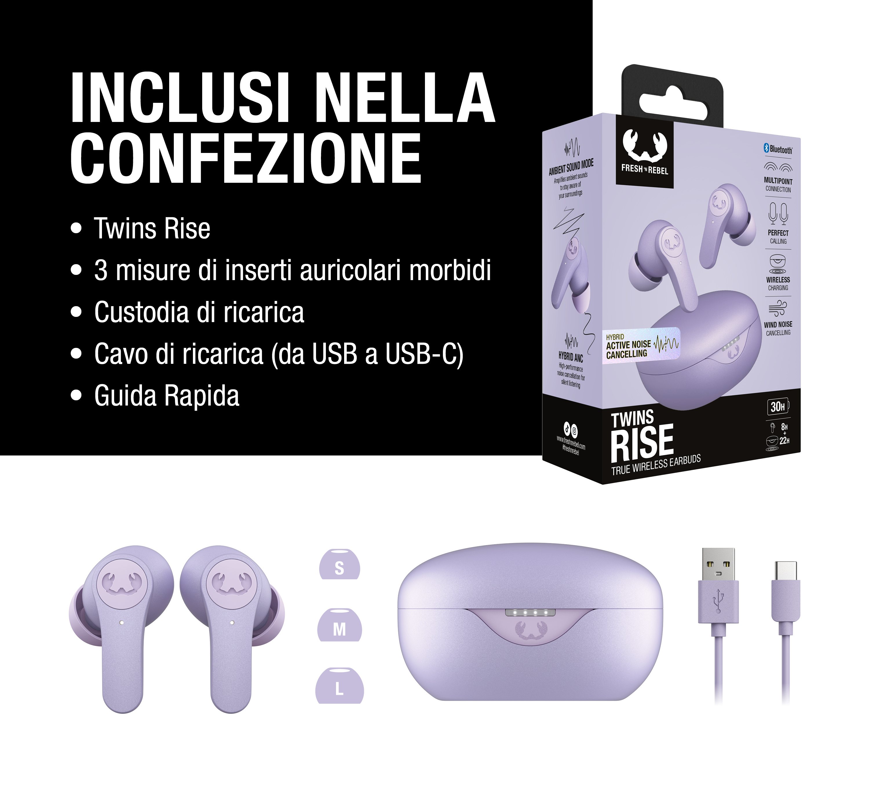 Confezione, auricolari wireless viola, custodia di ricarica, cuscinetti in tre misure e un cavo USB.