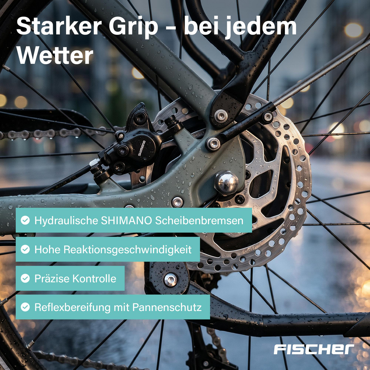 Nahaufnahme einer regennassen Fahrrad-Scheibenbremse mit Text auf Deutsch.