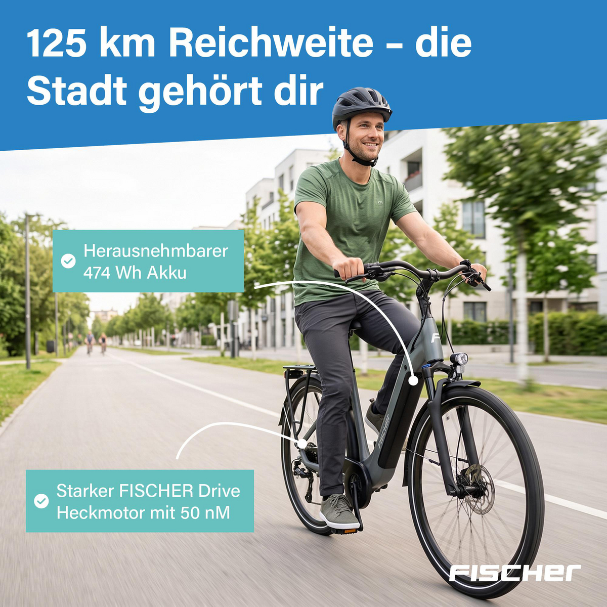 Ein Mann fährt ein E-Bike auf einer städtischen Straße mit Textfeldern, die Features erklären.