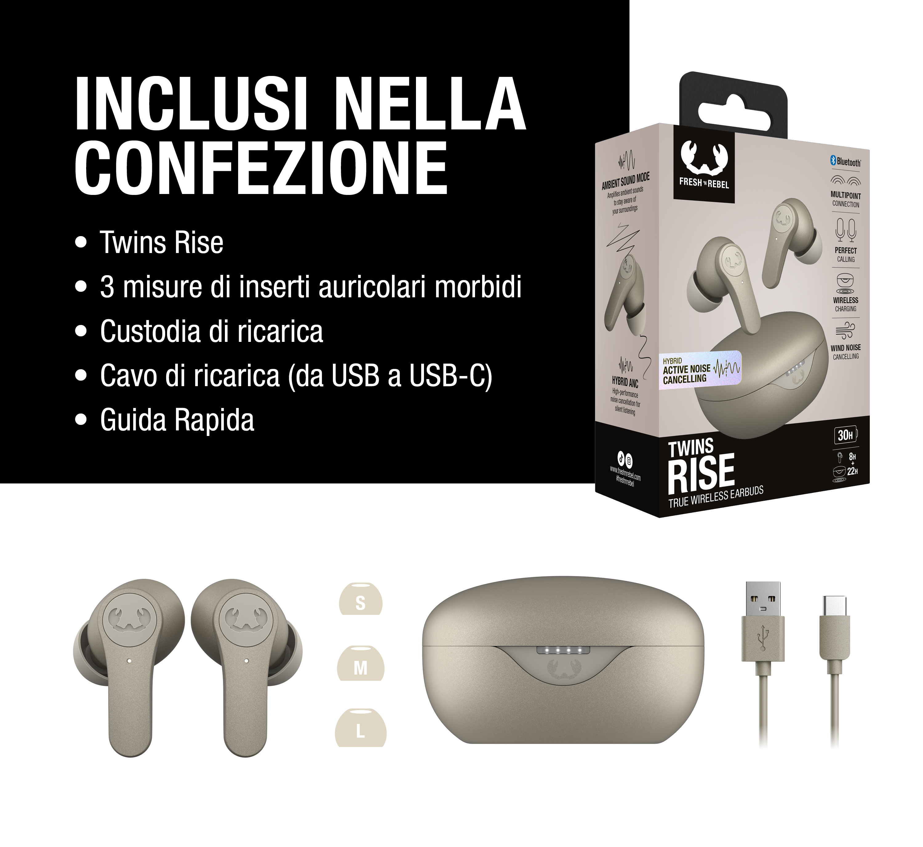 Contenuto: auricolari wireless, tre misure di inserti auricolari, custodia, cavo USB-C e guida rapida.