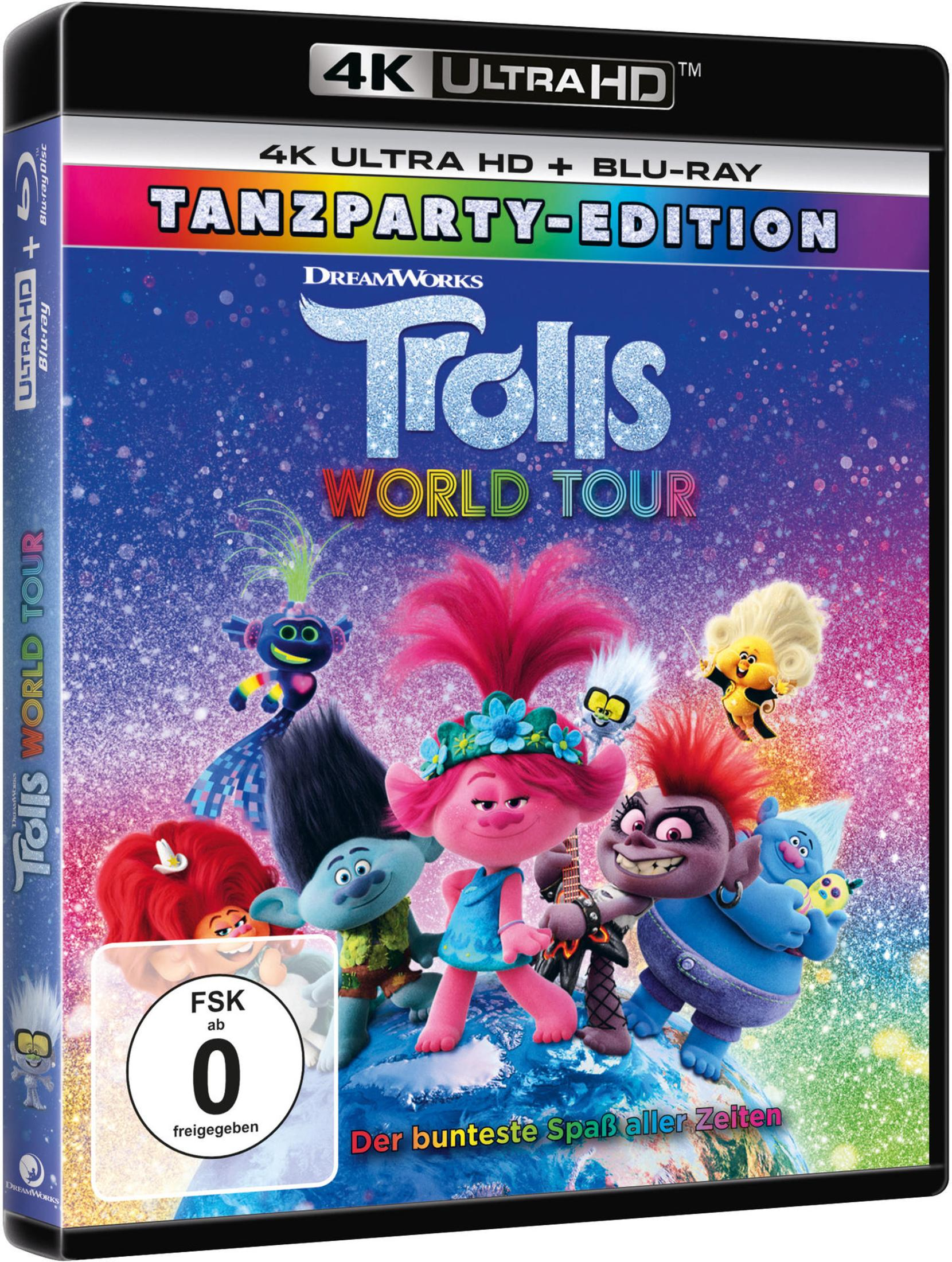 Trolls World Tour 4K Ultra HD Blu-ray Cover mit bunten Charakteren vor einer glitzernden Weltraum-Hintergrund.