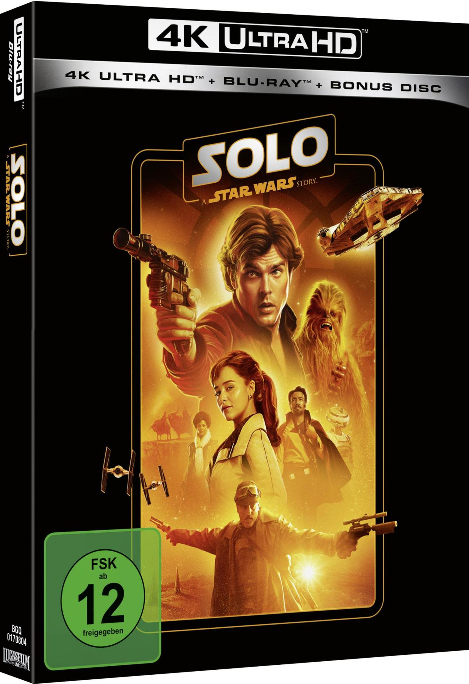 DVD-Cover von Solo: A Star Wars Story in 4K Ultra HD mit Charakteren, Raumschiffen und einem FSK-12-Logo.