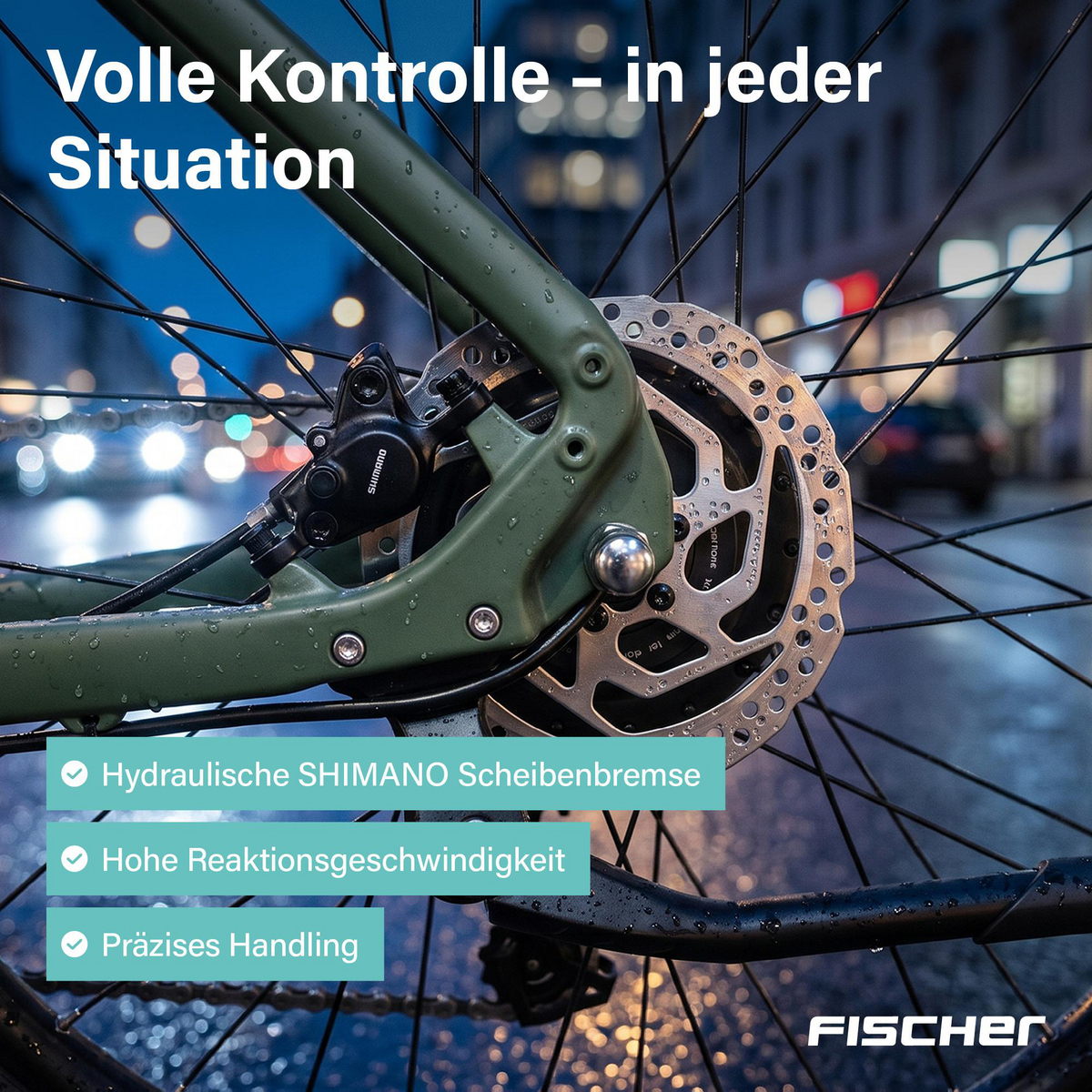 Nahaufnahme einer grünen Fahrrad-Scheibenbremse im Regen mit Textoverlays.