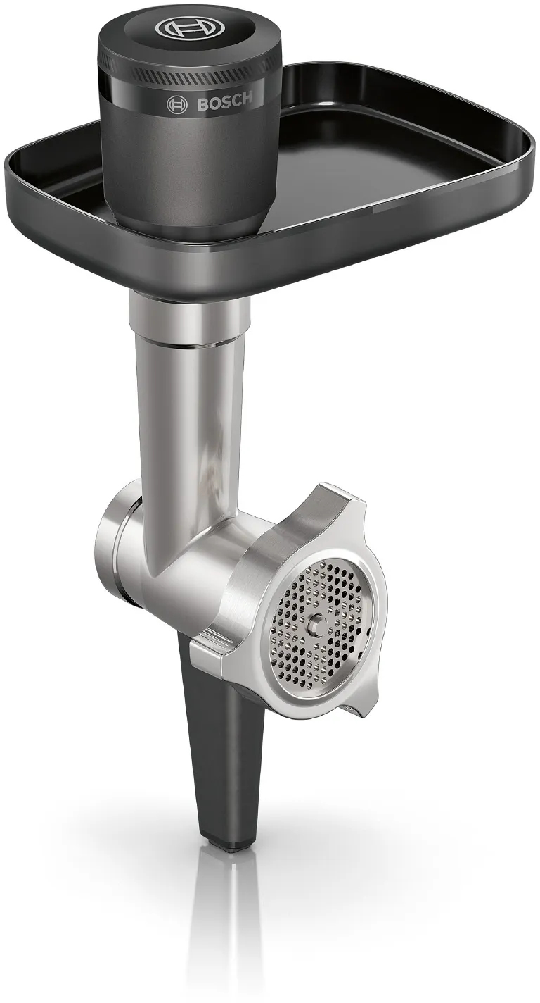 Accessorio tritacarne Bosch in acciaio inossidabile e plastica nera, con vassoio e disco forato.