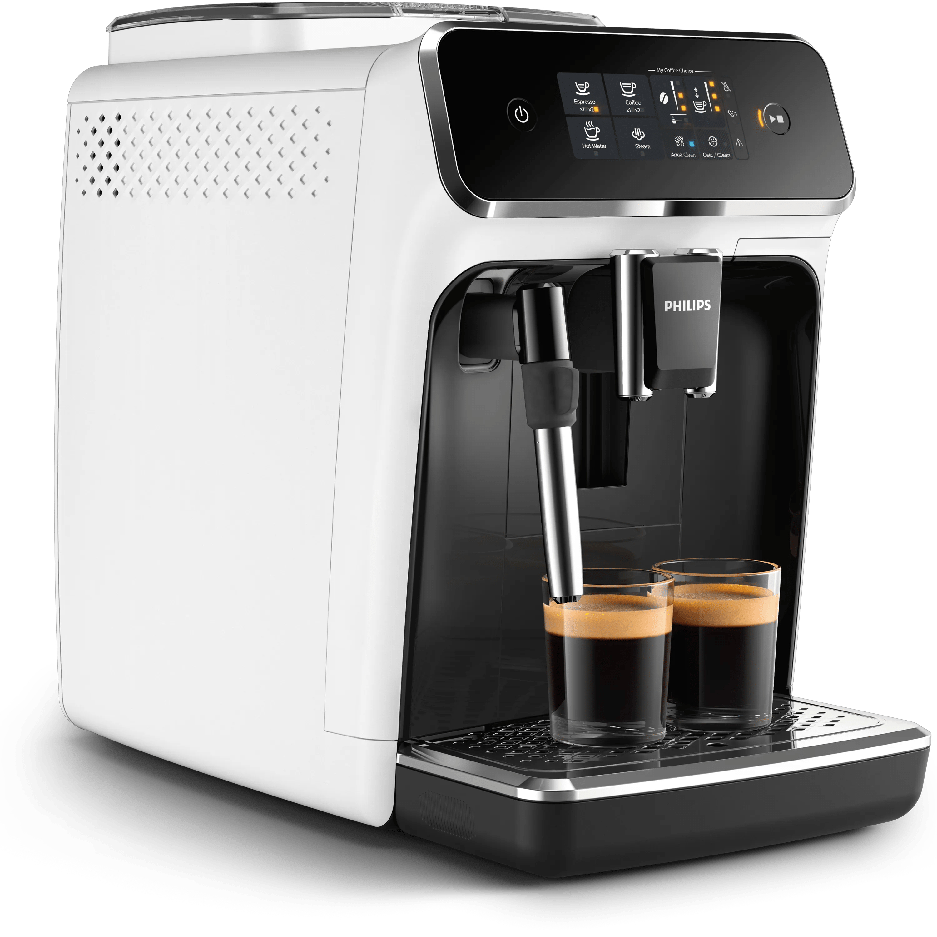 Weiße Philips Kaffeevollautomat mit zwei Espressogläsern auf dem Abtropfgitter.