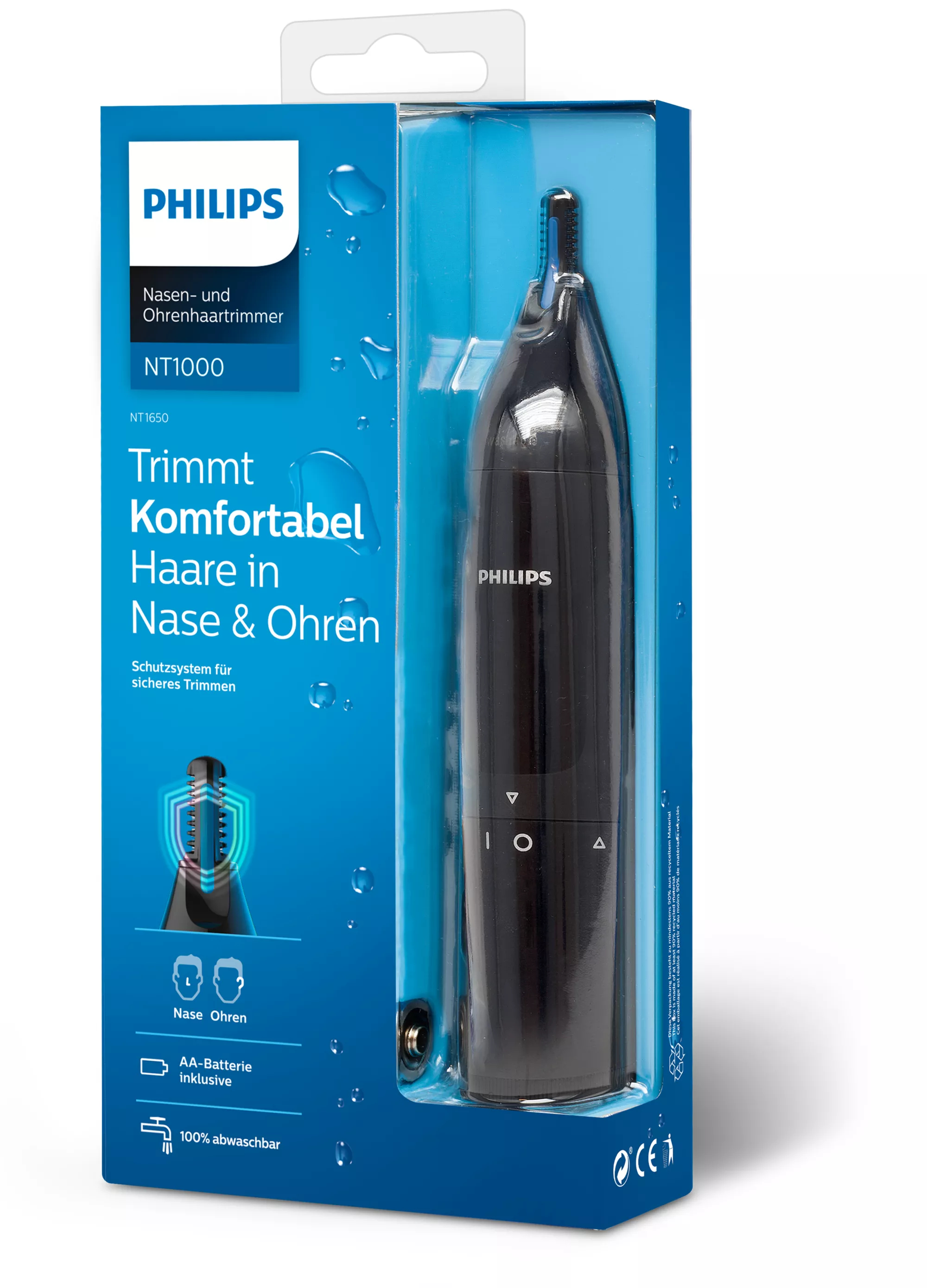 Mavi ambalaj içinde siyah cihaz ve Almanca yazılar bulunan Philips NT1000 burun ve kulak kıl düzeltici.