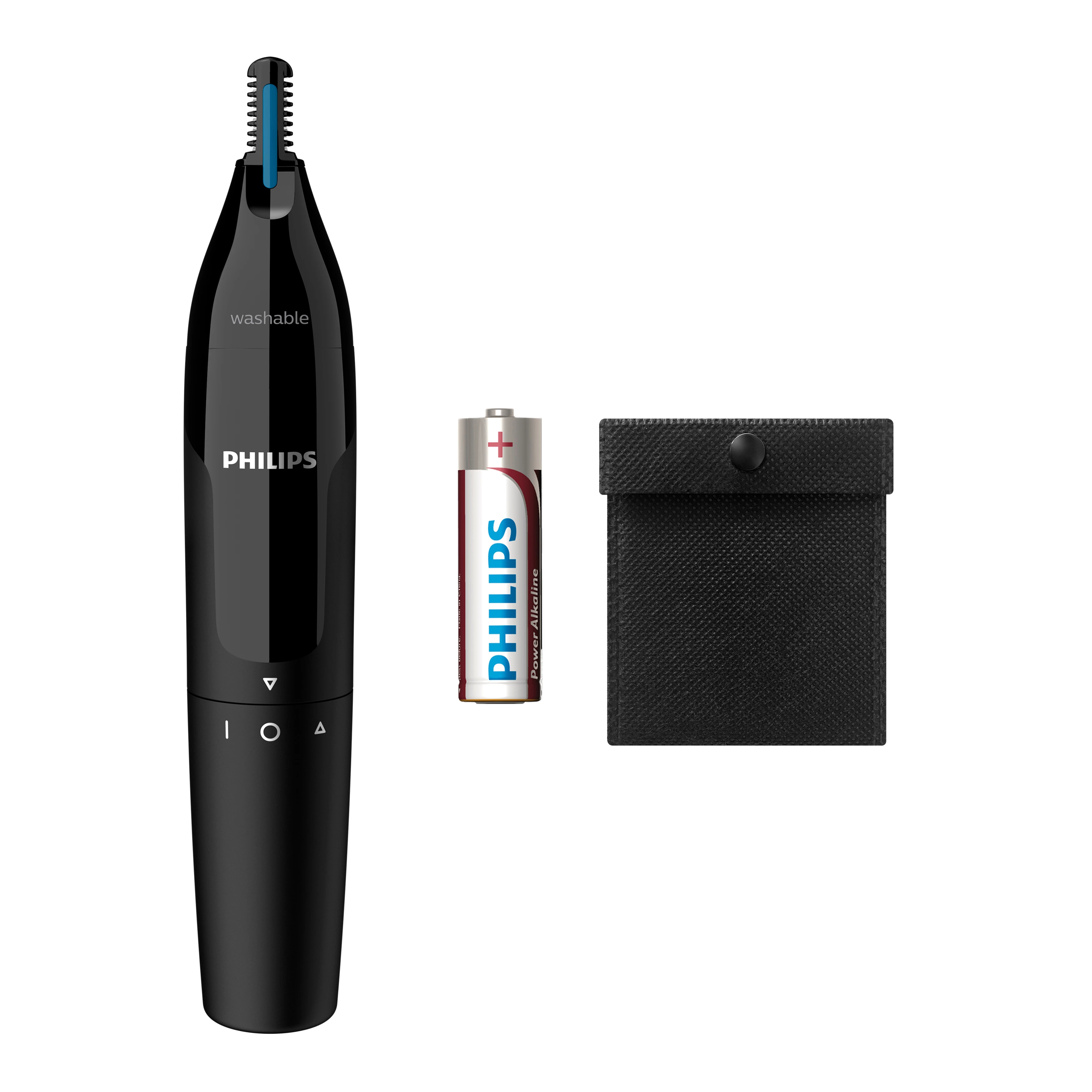 Beyaz arka planda pil ve siyah saklama kılıfı ile birlikte siyah Philips burun kıl alma makinesi.