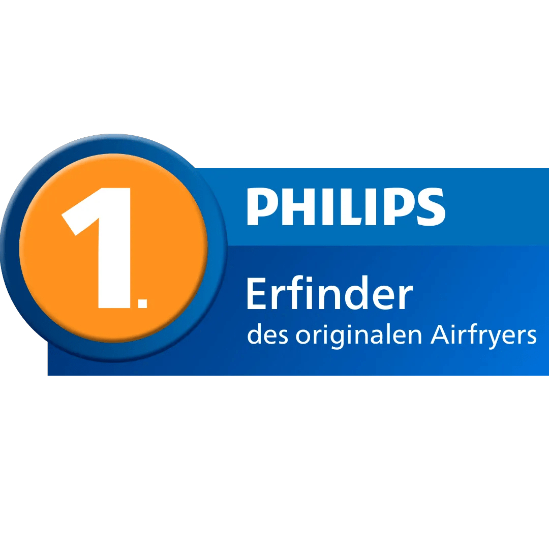 Blaues Banner mit weißem Philips-Logo, der Zahl 1 im orangefarbenen Kreis und dem Text Erfinder des originalen Airfryers.