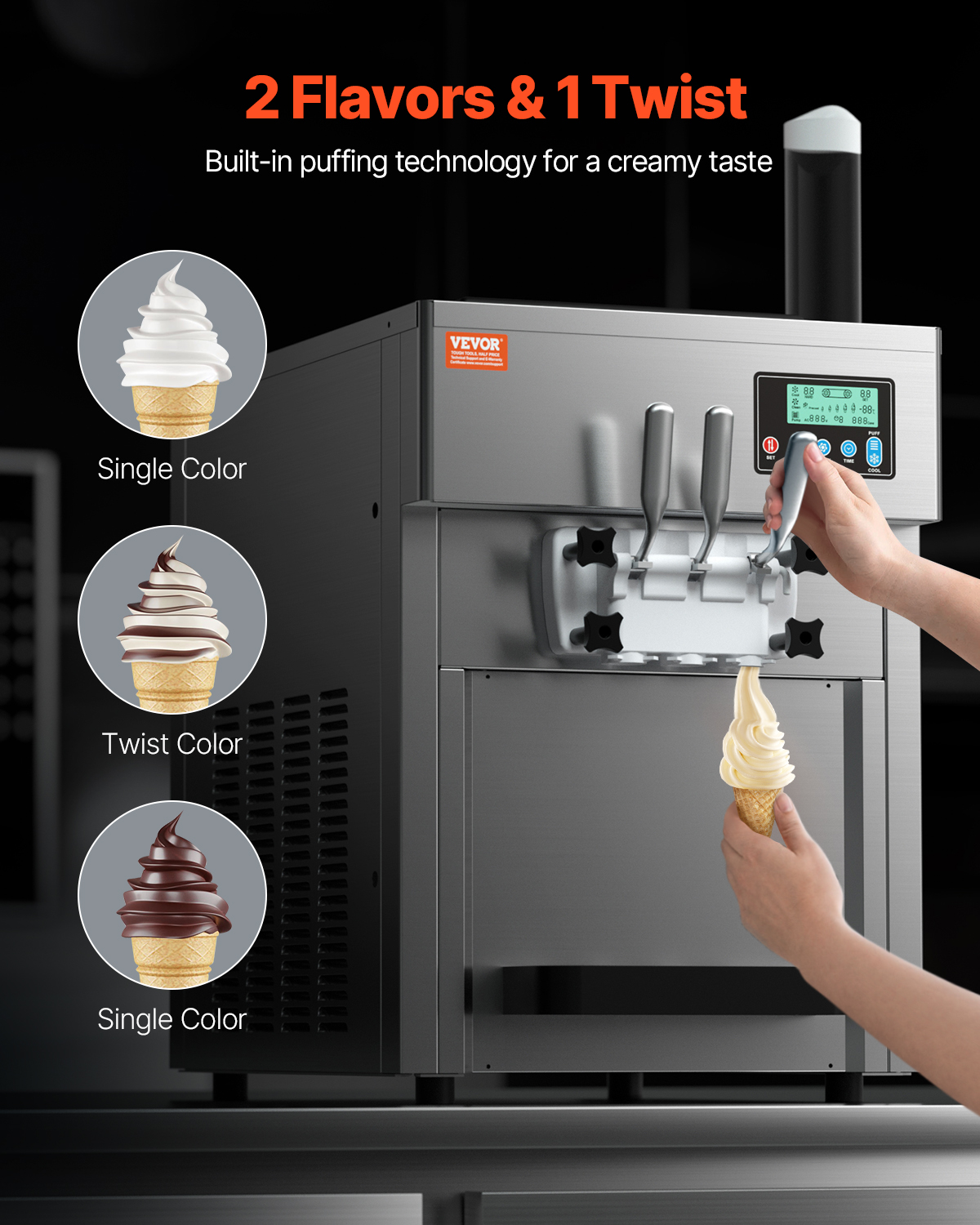 Una máquina de helados de acero inoxidable con tres palancas llena un cono, con tres tipos de helado a la izquierda.