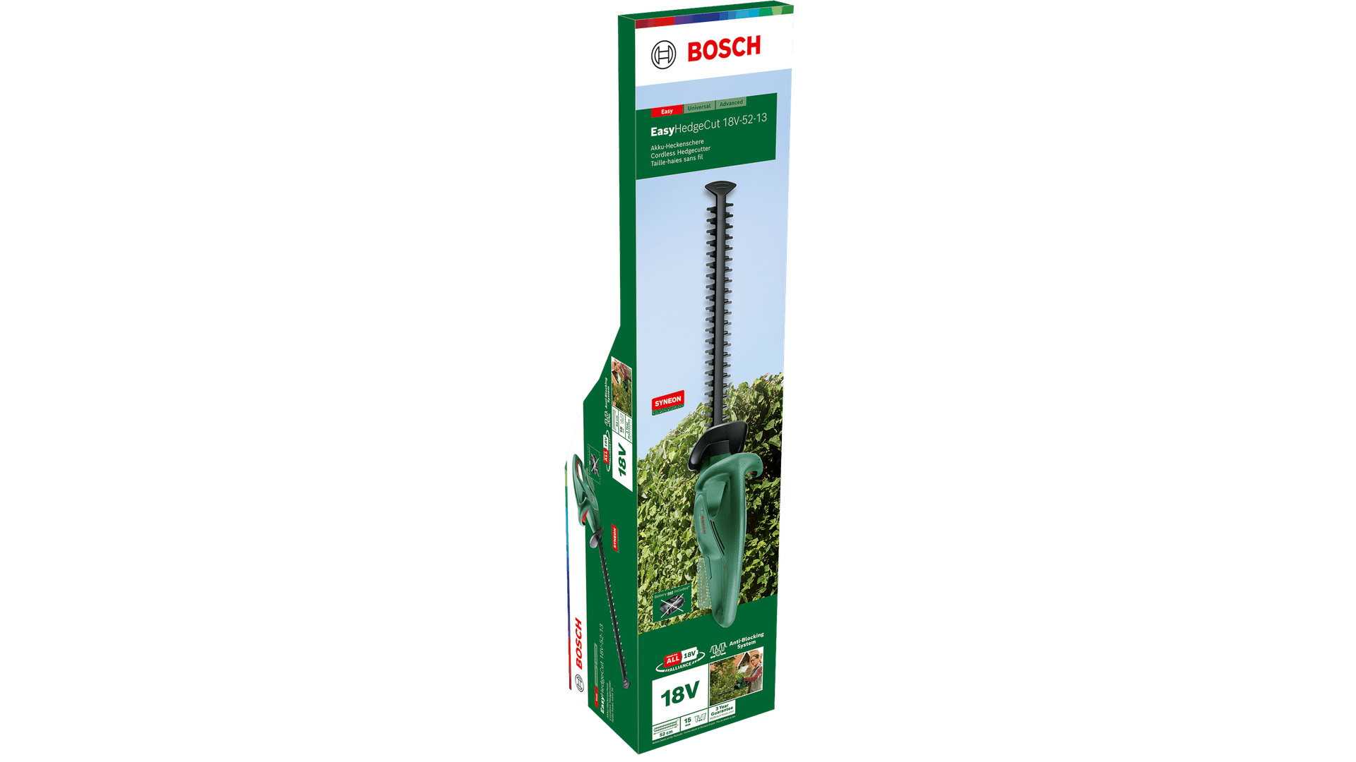 Verpackung der Bosch EasyHedgeCut 18V-52-13 Akku-Heckenschere mit Abbildung des Geräts und Hecken im Hintergrund.