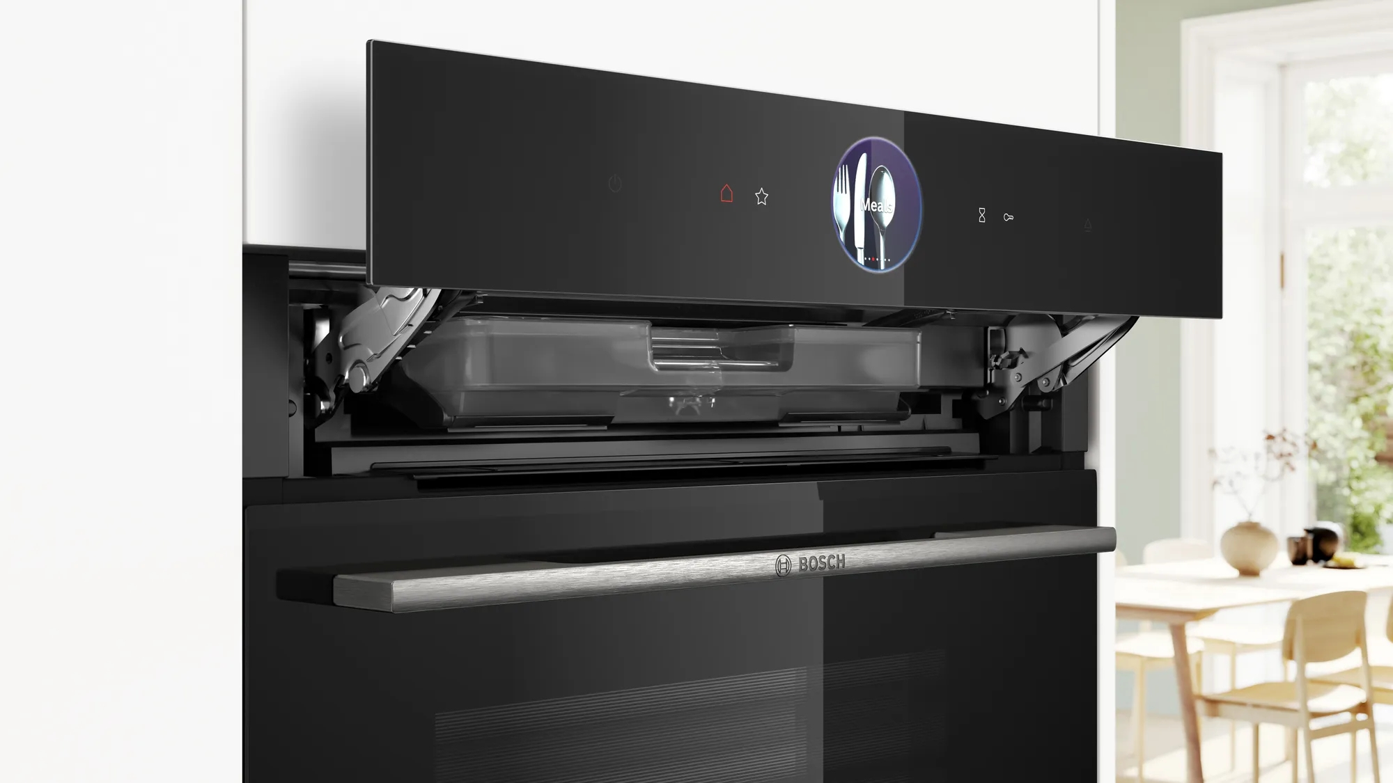 Moderno pannello del forno Bosch nero aperto con display digitale e serbatoio d'acqua in cucina.