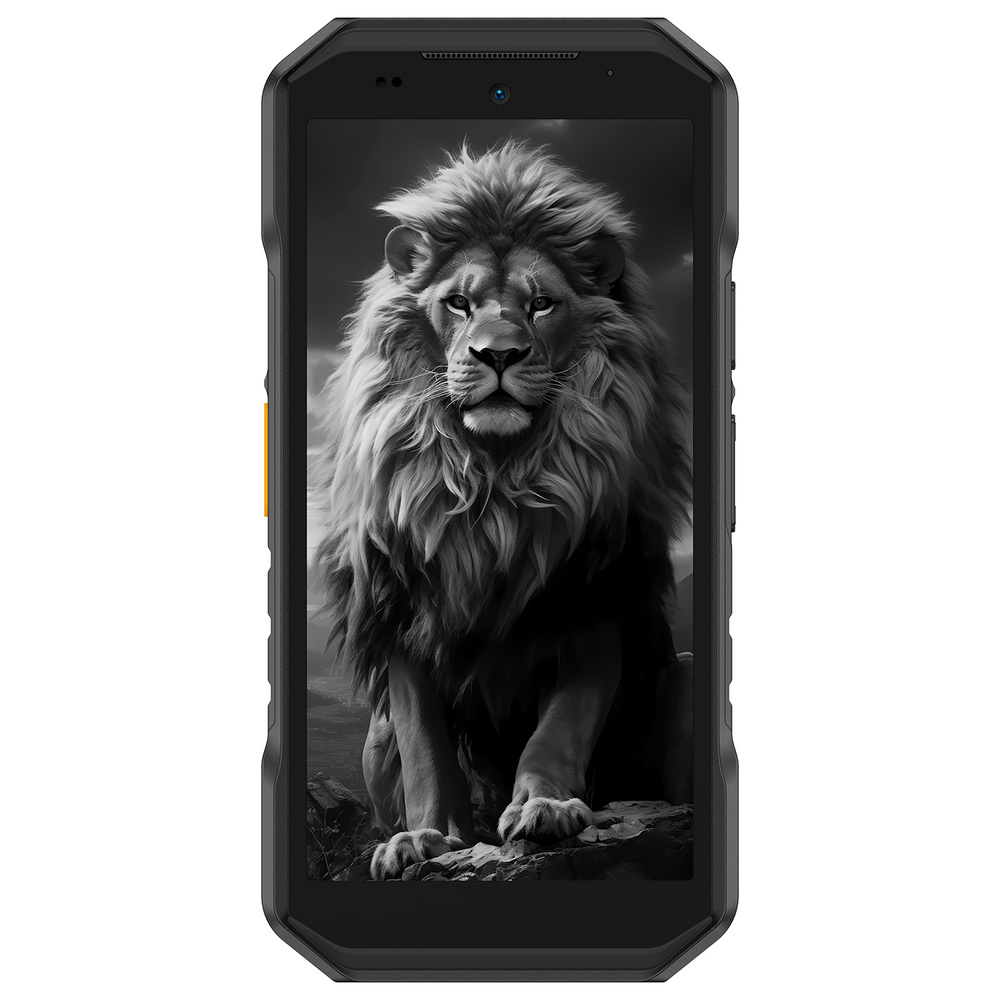 Wytrzymały czarny smartfon wyświetla na ekranie czarno-biały portret majestatycznego lwa.