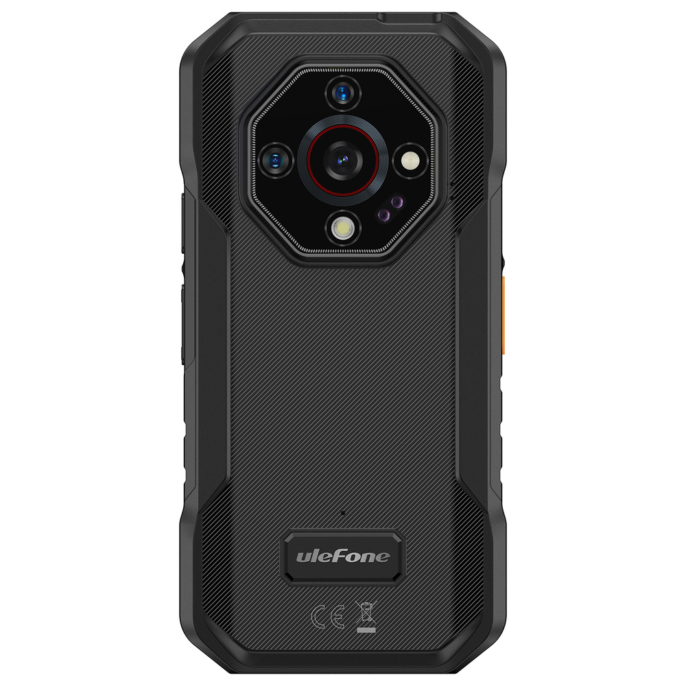 Tył wytrzymałego czarnego smartfona Ulefone z teksturowaną obudową, modułem aparatu i logo.