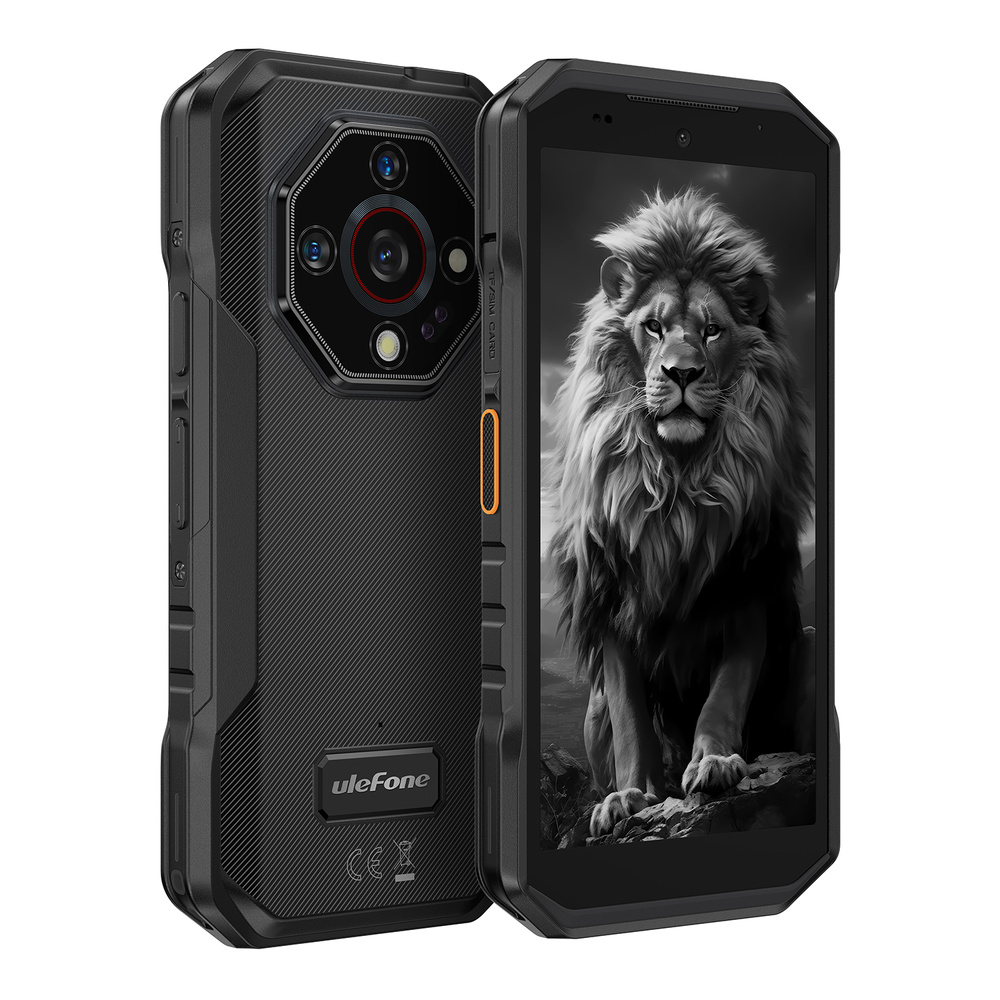 Wytrzymały smartfon Ulefone w kolorze czarnym, pokazany z przodu i z tyłu, z tapetą przedstawiającą lwa.