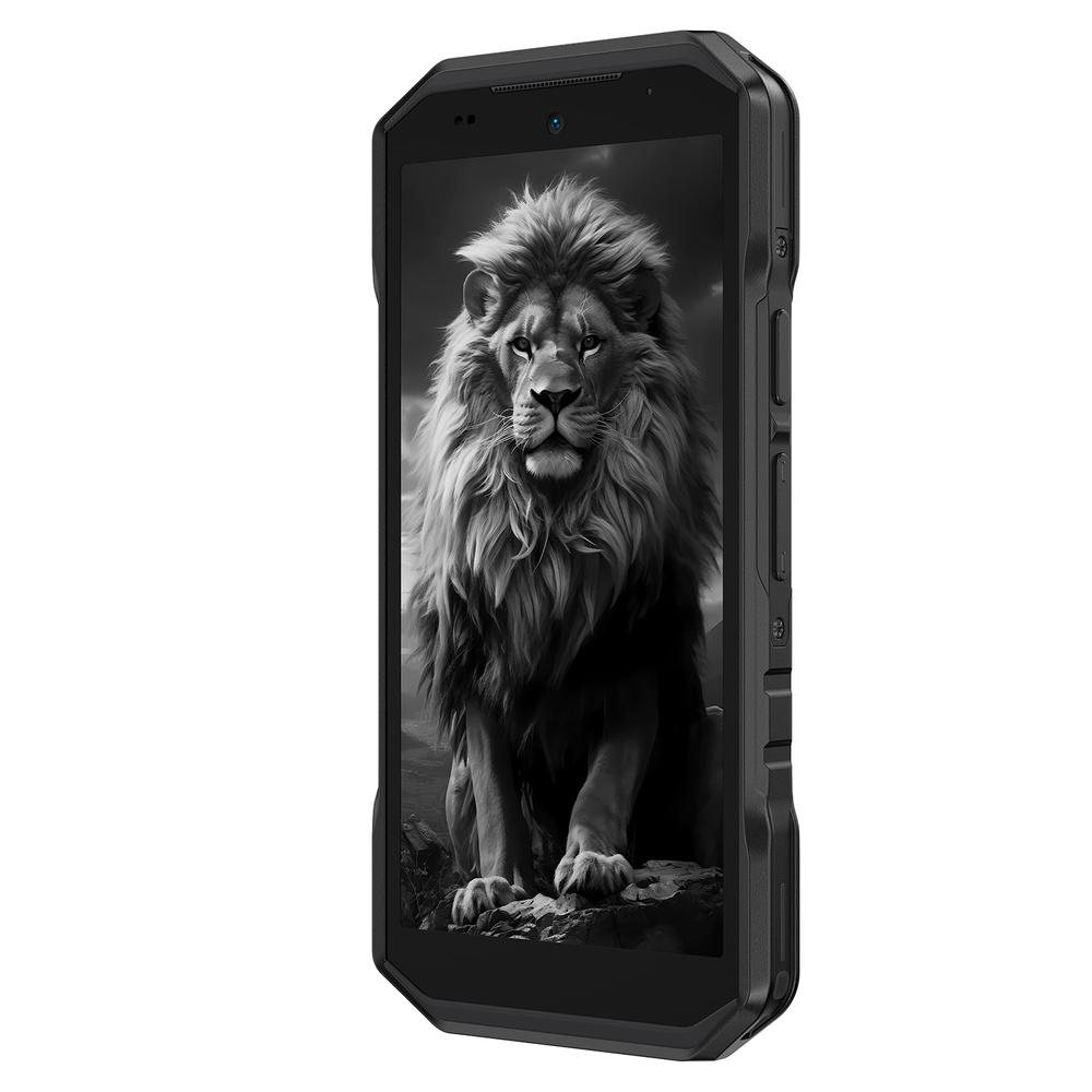 Czarny, wytrzymały smartfon z czarno-białą tapetą przedstawiającą lwa na ekranie.