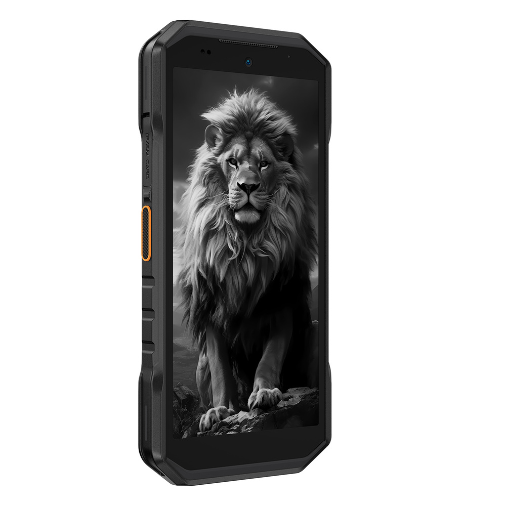 Wytrzymały czarny smartfon z zaokrąglonymi rogami i kolorowym przyciskiem wyświetla lwa na ekranie.