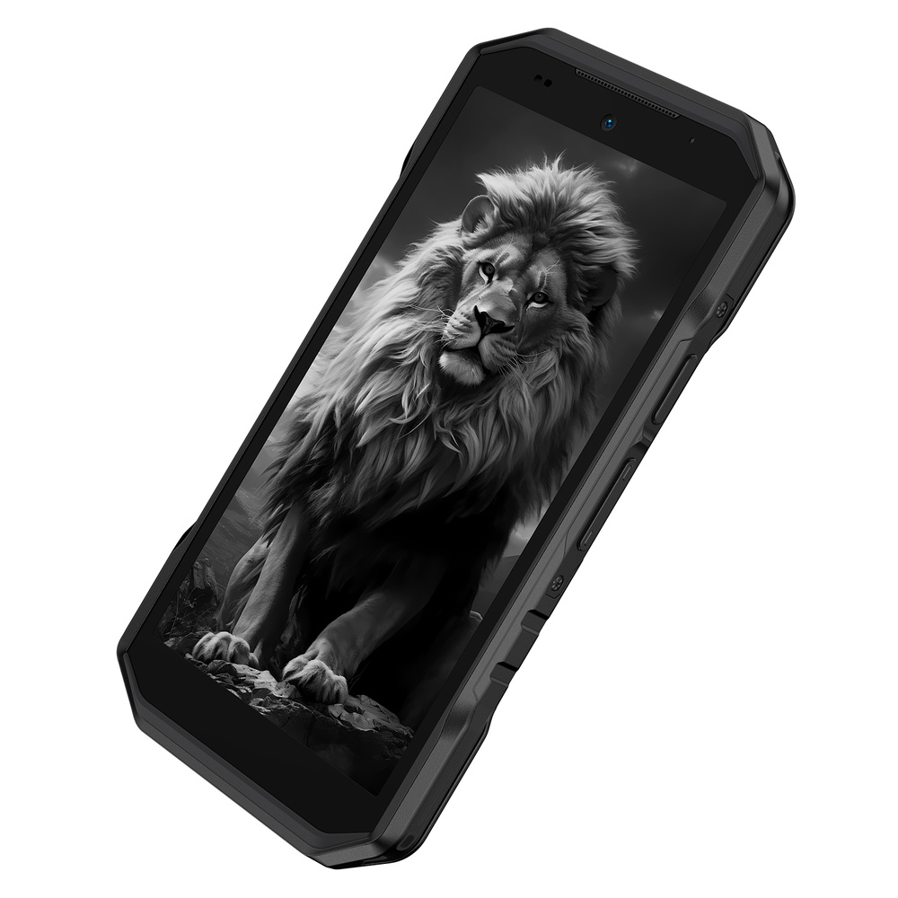 Wytrzymały czarny smartfon wyświetla czarno-biały obraz lwa siedzącego na skałach.