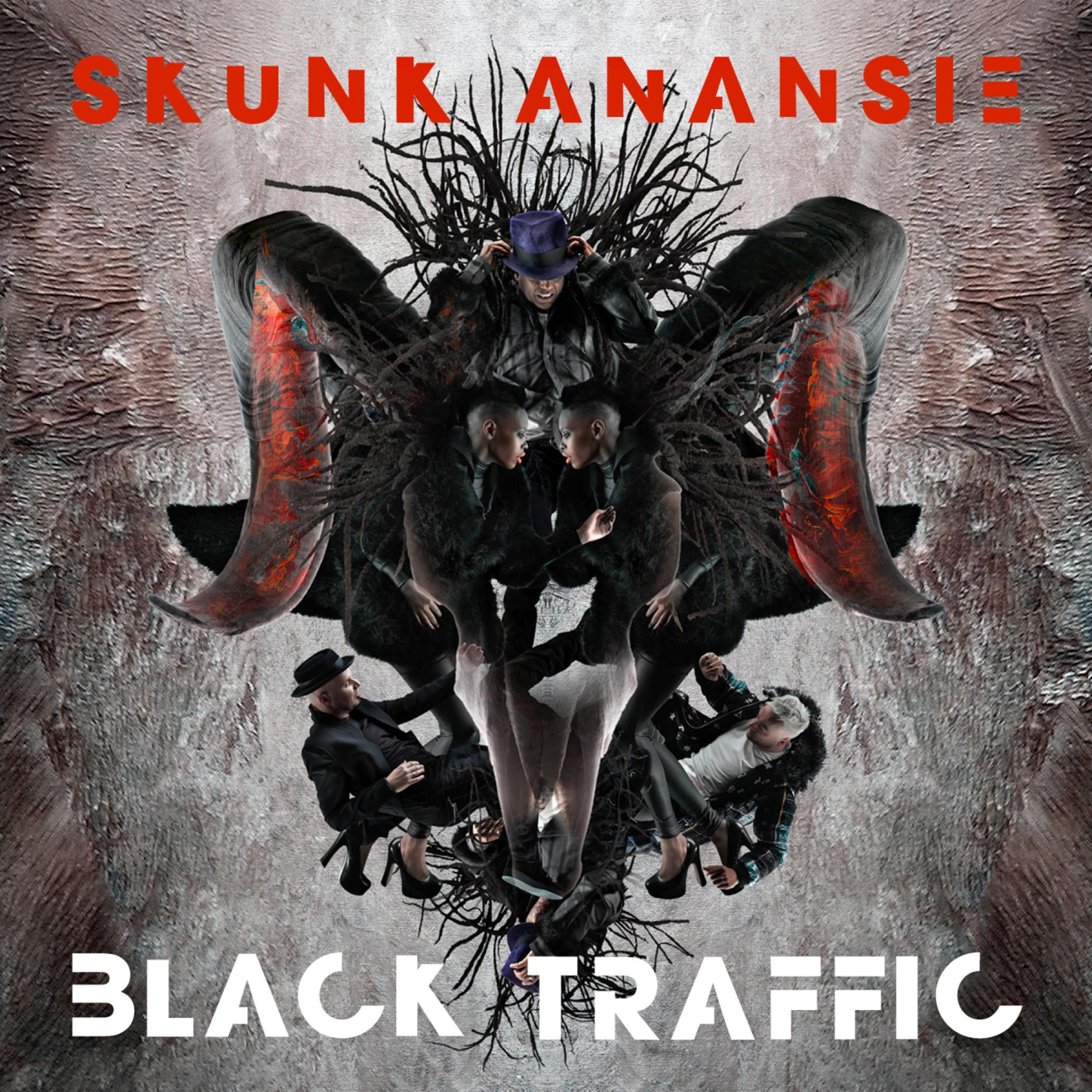 Albumcover von Skunk Anansie, Black Traffic, mit Bandmitgliedern, die in einer gehörnten Totenkopfform posieren.