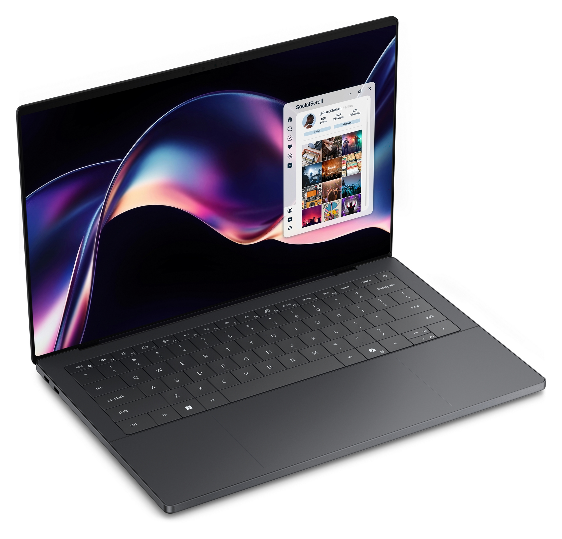Un elegante laptop grigio scuro su sfondo bianco mostra uno sfondo astratto colorato.