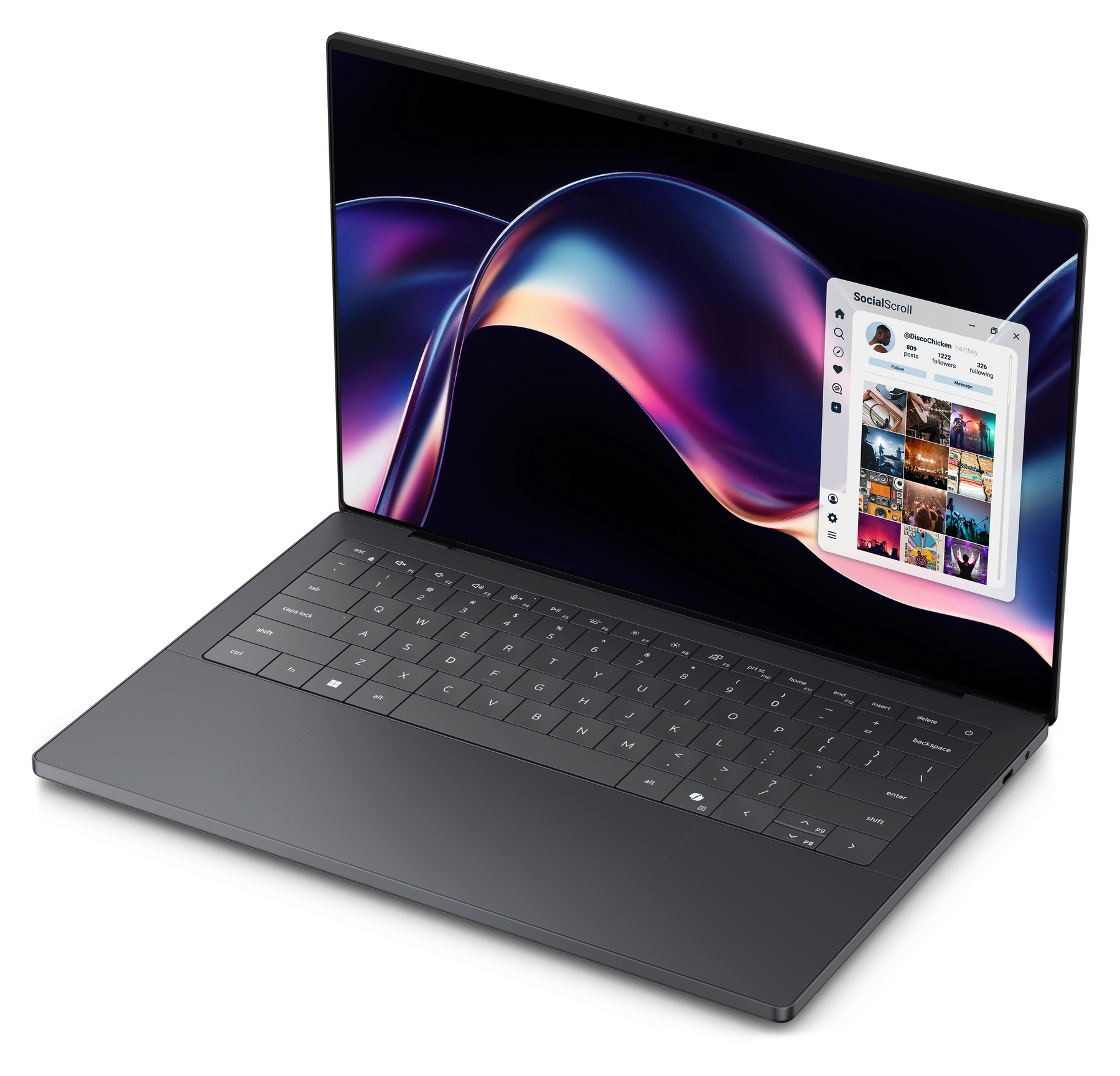 Un laptop grigio con un'onda astratta colorata sullo schermo e un'app di social media aperta.
